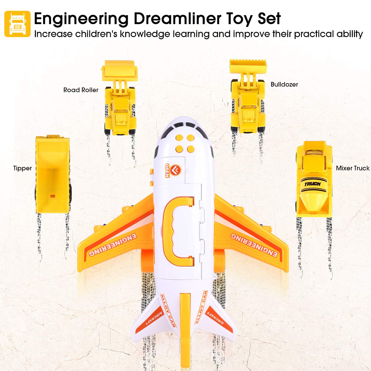 Transformable Airplane & Vehicle Toys Set - Fire Truck, Police Car & Construction Vehicles for Kids | Christmas & Birthday Gift for 3-6 Year Old Boys | Storage Box Included (Yellow & Blue) | Pretend Play, Travel & Learning Toys