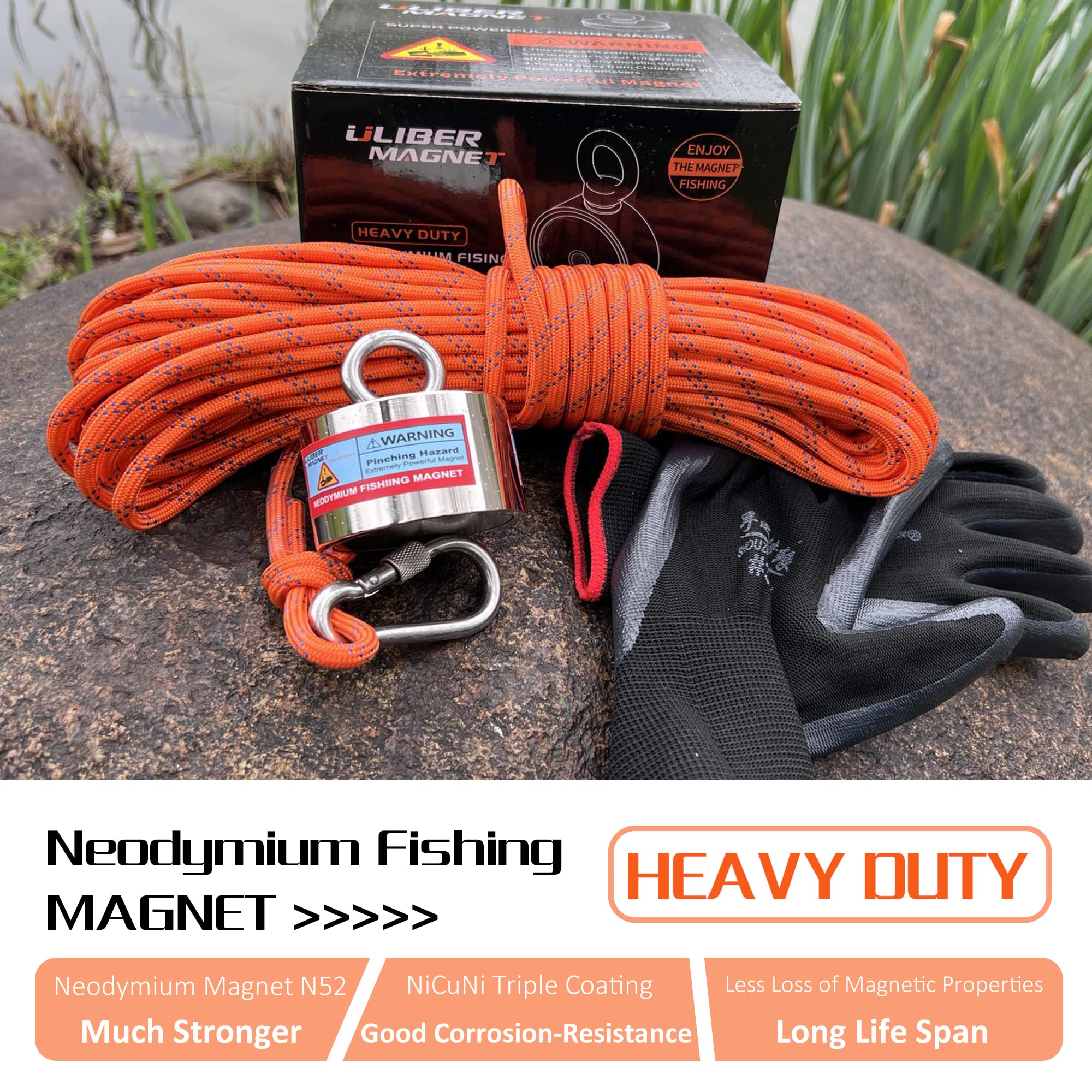 ULIBERMAGNET 1000lb Heavy Duty Neodymium Fishing Magnet Kit with 66ft Rope - Strong Retrieval Magnet for River Treasure Hunting, Underwater Salvage & Metal Recycling (Perfect for Magnet Fishing, Scuba Diving & Industrial Recovery)