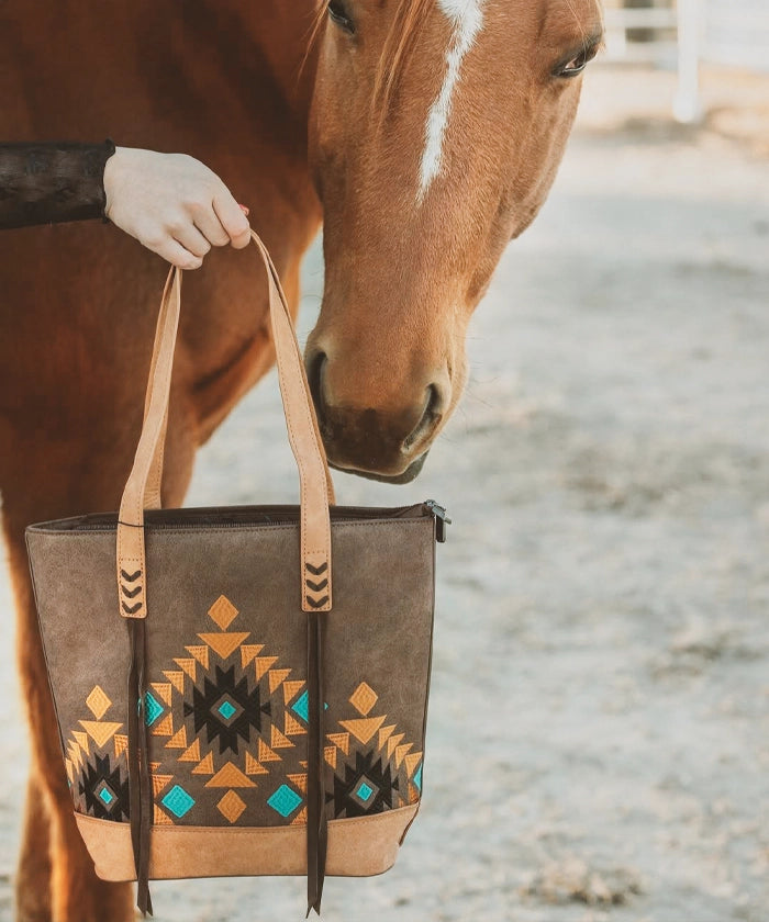 Montana West Aztec Embroidered Tote Bag Set for Women - Stylish Boho Shoulder Bag with Handmade Tribal Patterns - Perfect for Travel, Beach, Shopping & Everyday Use