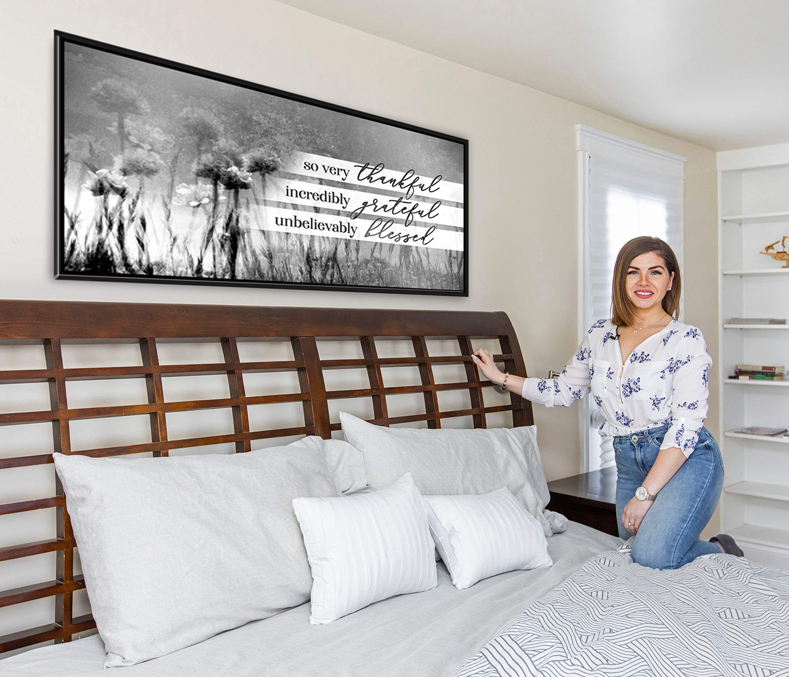 Rustic Dandelion Wall Art Canvas - So Very Thankful Blessed Religious Nature Decor with Black Floating Frame (42x19 Inch, Grey) - Perfect for Farmhouse Living Room, Bedroom & Office Decor