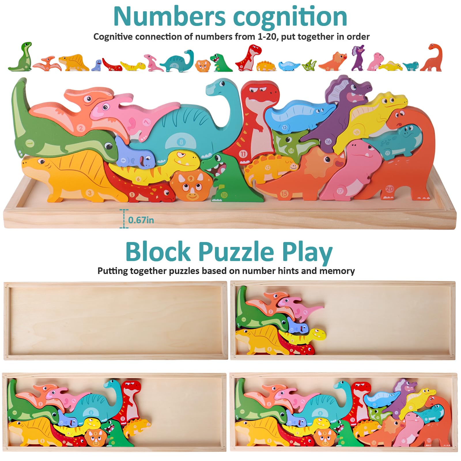 Dinosaur Wooden Stacking Blocks - Montessori Toys for Kids Ages 1-5 | Balance Competition Game & Educational STEM Learning Toy | Perfect Birthday Gift for Boys & Girls | Great for Preschool Playtime & Early Childhood Development