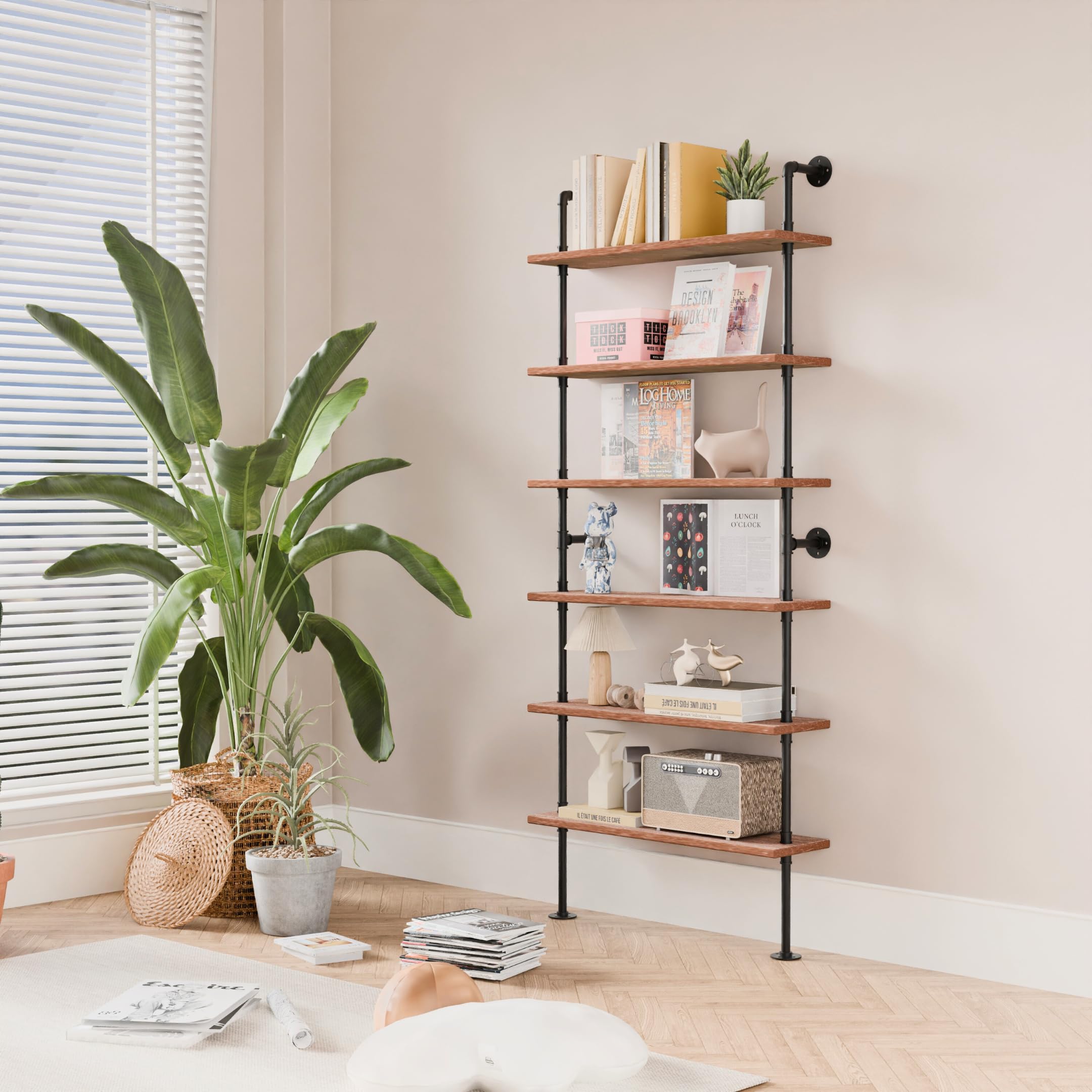 6 Tier Industrial Pipe Shelf - Rustic Wall Mounted Bookcase for Home & Office Storage | Perfect for Living Room Decor, Bedroom Organization & Garage Shelving