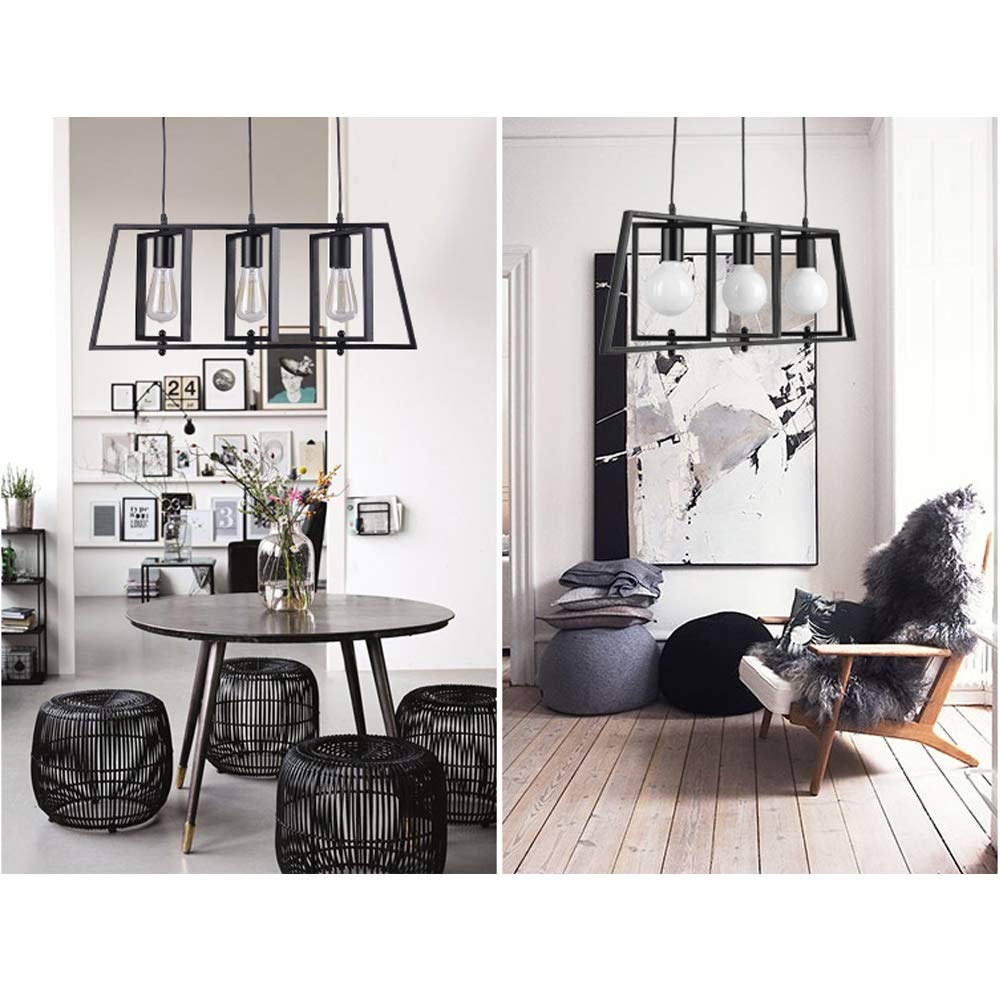 LITFAD Black Trapezoid Kitchen Island Chandelier - 3-Light Industrial Pendant Lighting, Modern Ceiling Hanging Fixture for Dining Table, Living Room & Restaurant | Perfect for Farmhouse, Loft & Industrial Decor