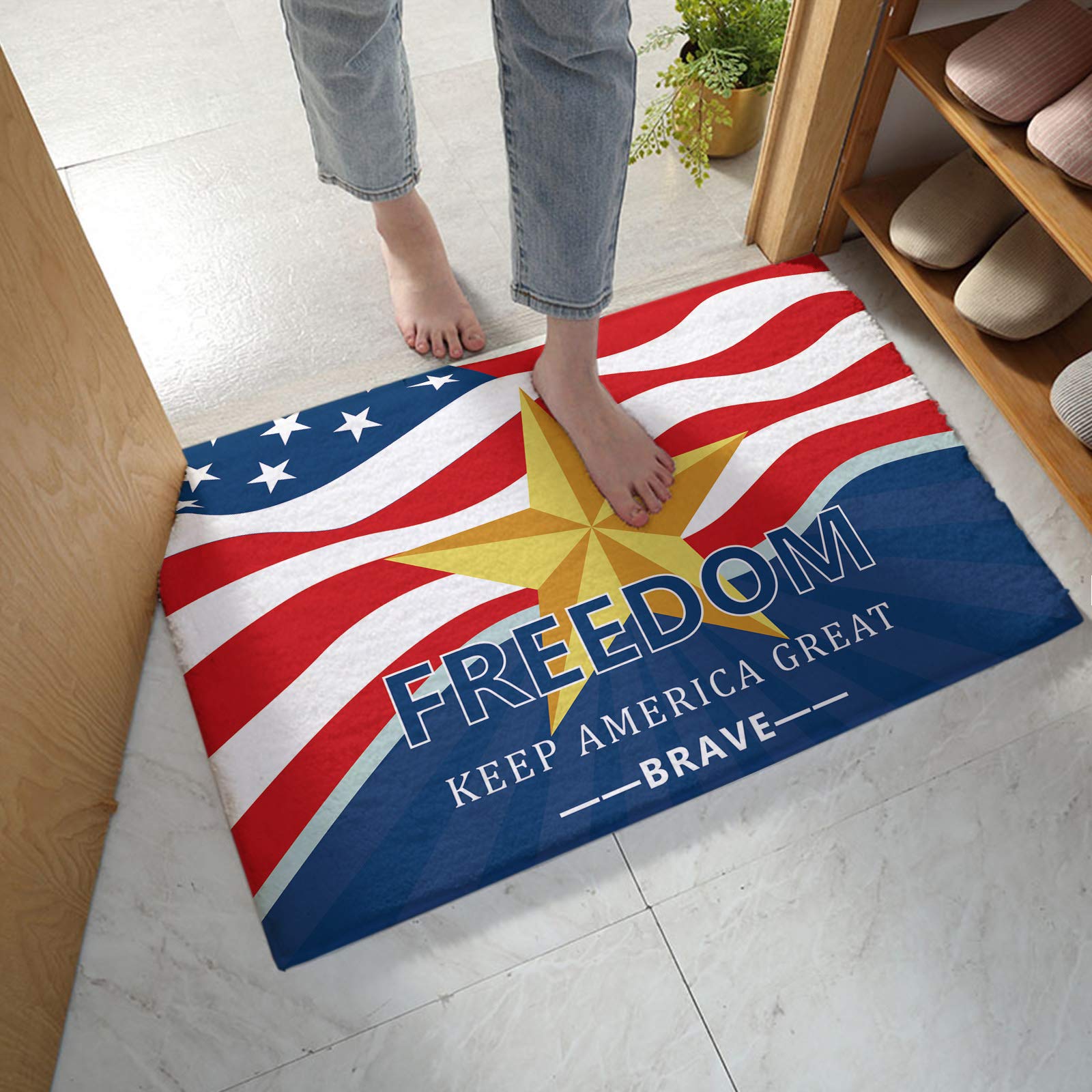 USA Flag Bathroom Rug - Non-Slip Plush Microfiber Bath Mat with Gold Stars, Patriotic Shower Rug (24x35 Inch) | Soft Water Absorbent Floor Mat for Bathroom, Kitchen & Laundry Room Decor