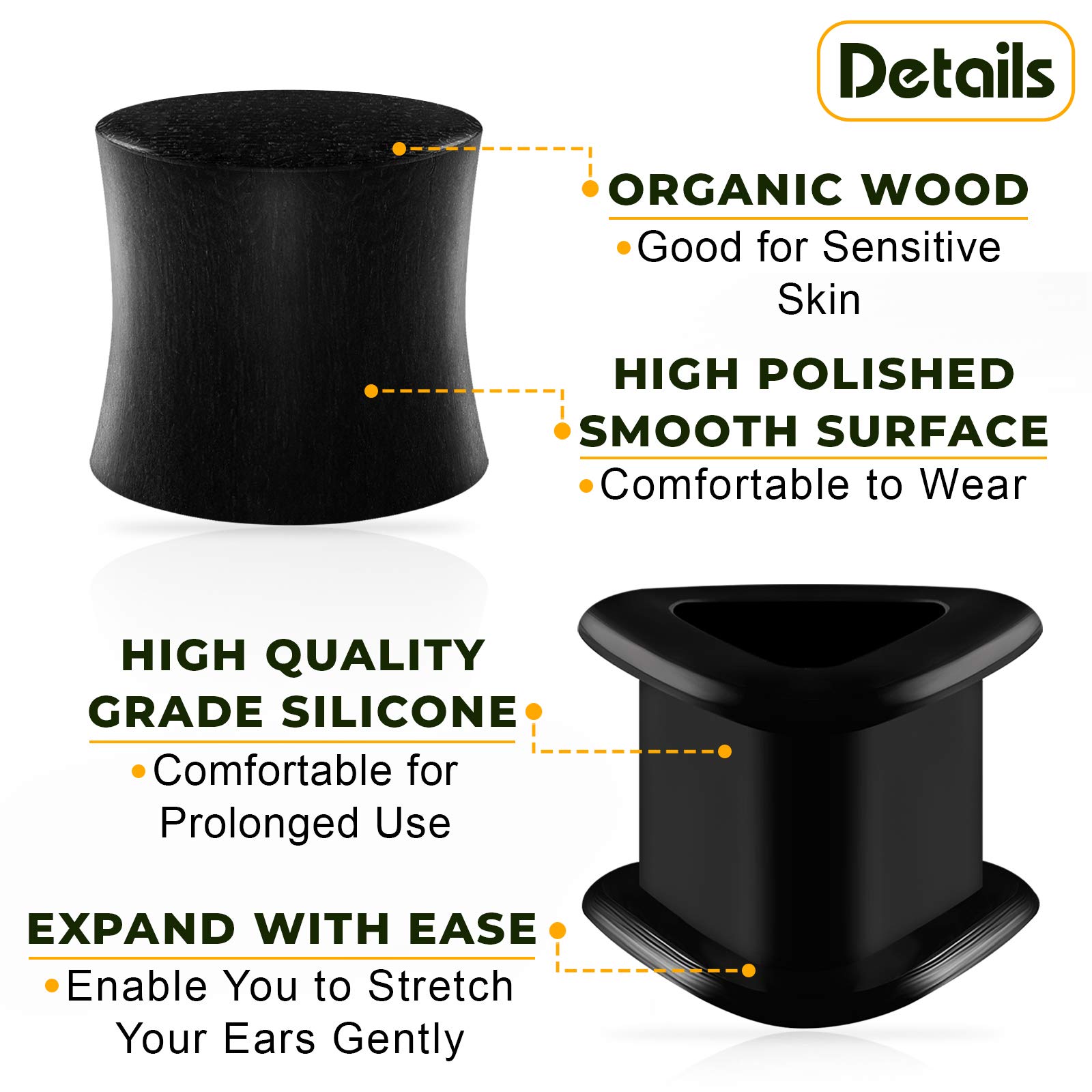 2 Pairs Areng Wood Black Silicone Double Flared Saddle Piercing Jewelry - Stretcher Ear Flesh Tunnel Lobe Earring Plugs for Men & Women - Perfect for Everyday Wear, Parties and Body Modification
