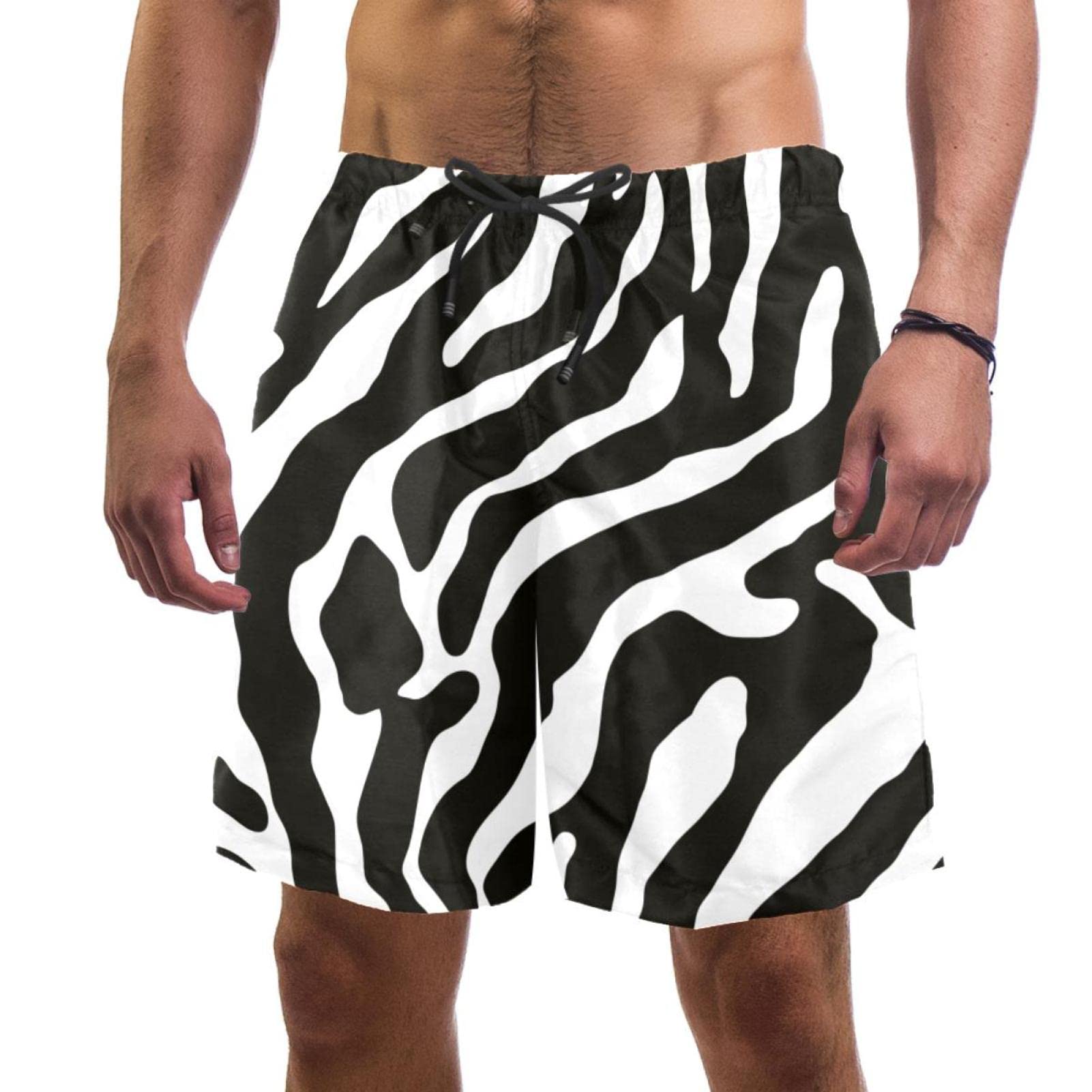 **Men's Black & White Zebra Print Swim Trunks - Elastic Waist Quick-Dry Board Shorts with Pockets for Beach, Pool & Summer Vacation**