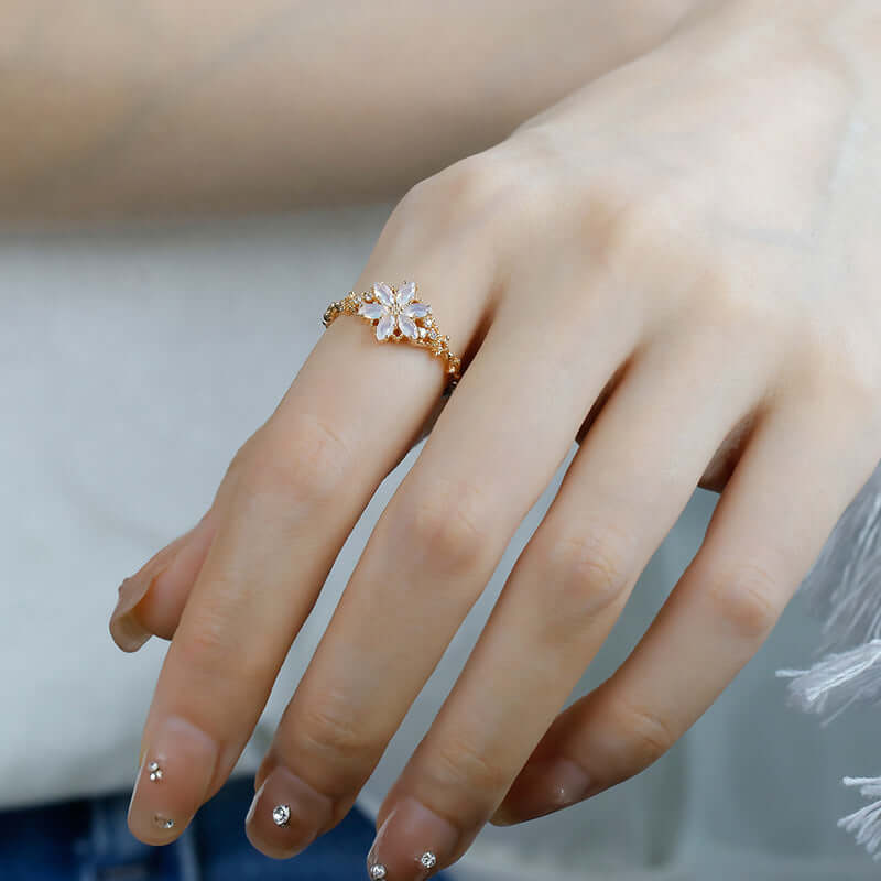 Romantic Moonstone Flower Ring in Gold – Elegant Jewelry for Women | Perfect for Weddings, Anniversaries & Special Occasions | TB2406