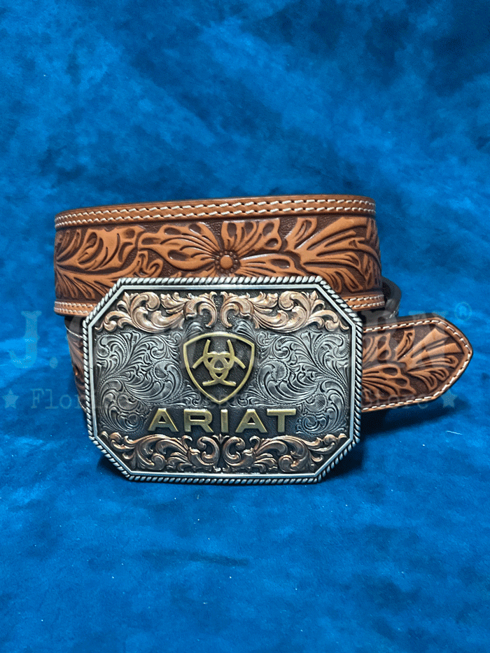 Ariat Men's Floral Embossed Tapered Leather Belt with Buckle - Tan Brown Western Style for Casual & Dress Wear | Perfect for Jeans, Work Pants & Cowboy Boots