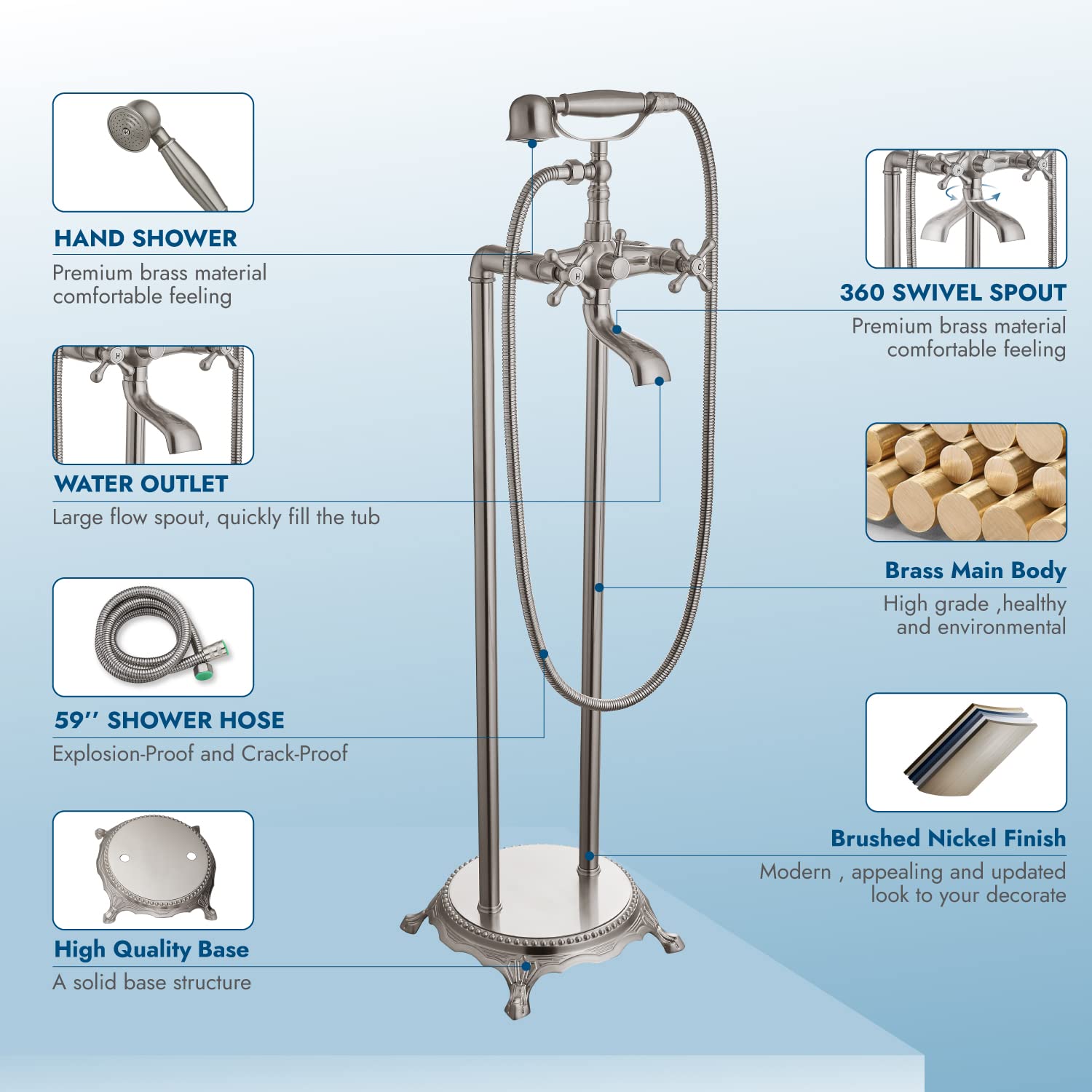 Brushed Nickel Freestanding Bathtub Faucet - Floor Mount Tub Filler with Double Cross Knobs & Handheld Shower - Modern Telephone Shape Bath Mixer Tap for Spa-Like Bathroom Relaxation