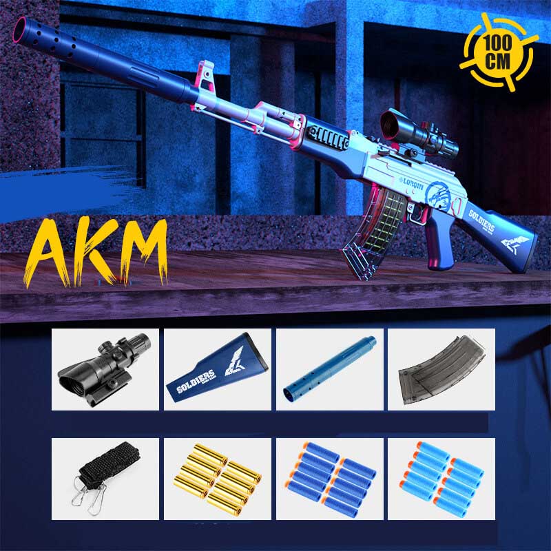 LC AKM Manual Magazine Fed Shell Ejecting Dart Blaster Toy - Realistic Foam Dart Shooting Game for Outdoor Battles & Nerf War Fun