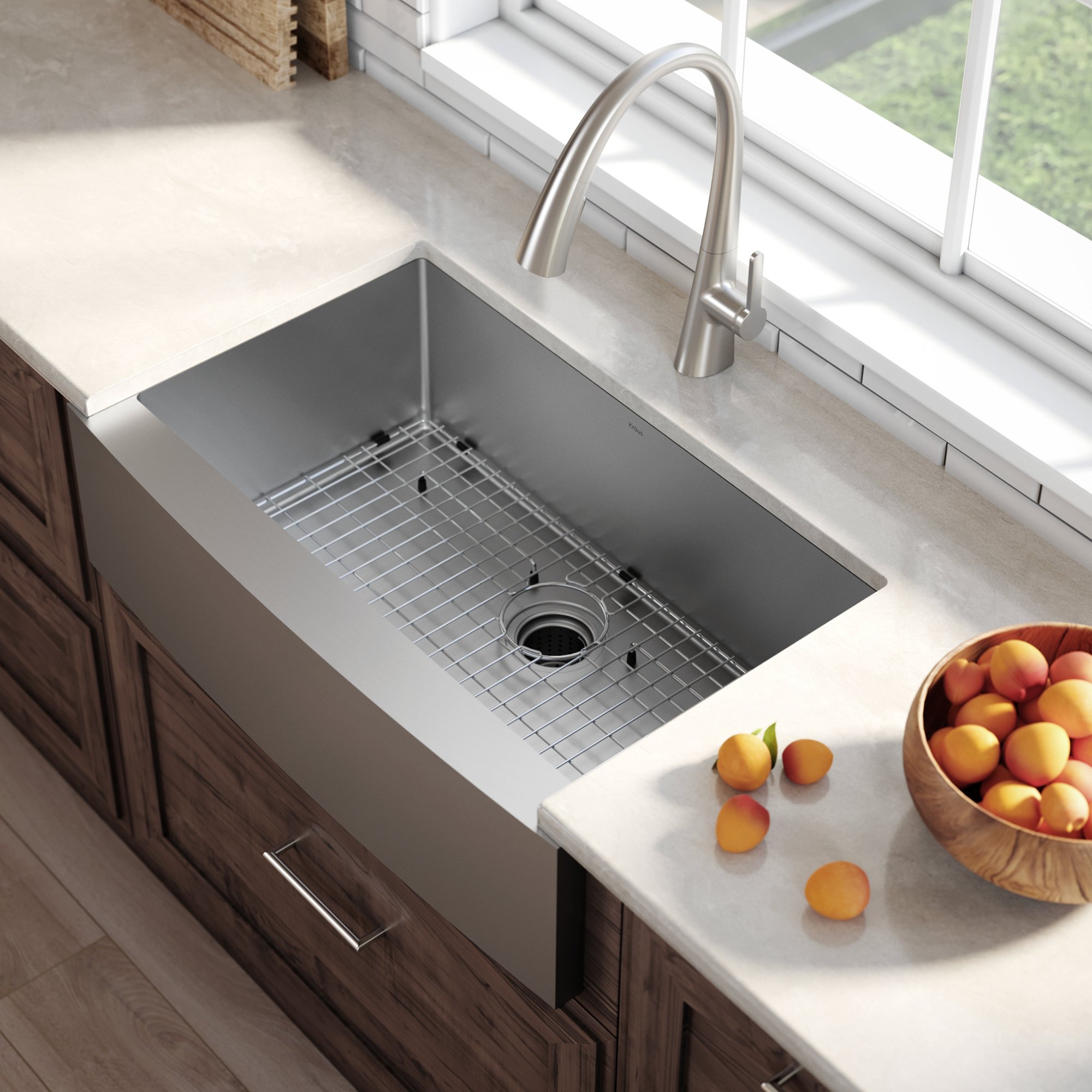 KRAUS Standard PRO™ 33-inch 16 Gauge Single Bowl Stainless Steel Farmhouse Kitchen Sink with WasteGuard™ Continuous Feed Garbage Disposal - Perfect for Modern Farmhouse Kitchens, Heavy-Duty Food Prep & Entertaining (Model KHF200-33-100-75MB)