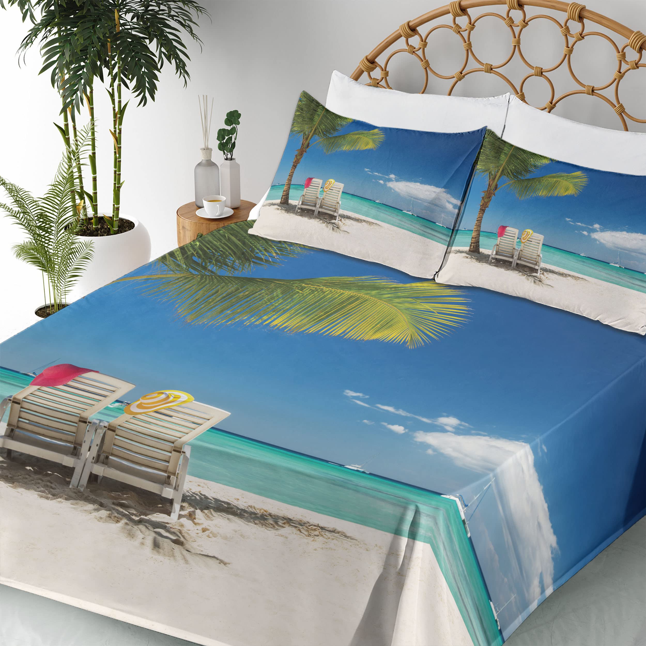 Ambesonne Seaside King Size 4-Piece Sheet Set - Ocean Beach Panoramic Print with Palm Trees, Chairs & Boats - Soft Fitted & Flat Sheets + Pillowcases (Green/Blue) - Perfect for Coastal Bedroom Decor & Vacation Home Styling