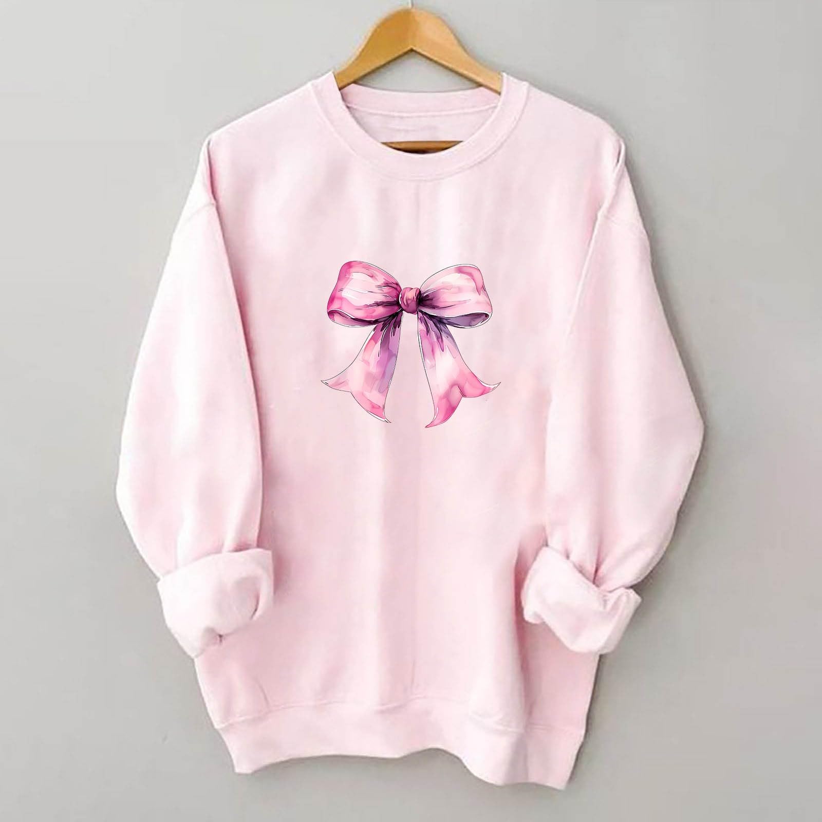 Women's Akklian Cute Cherry Bow Print Long Sleeve Oversized Sweatshirt - Kawaii Loose Pullover for Teen Girls, Preppy Pink Hoodie for Casual Wear & Cozy Outings