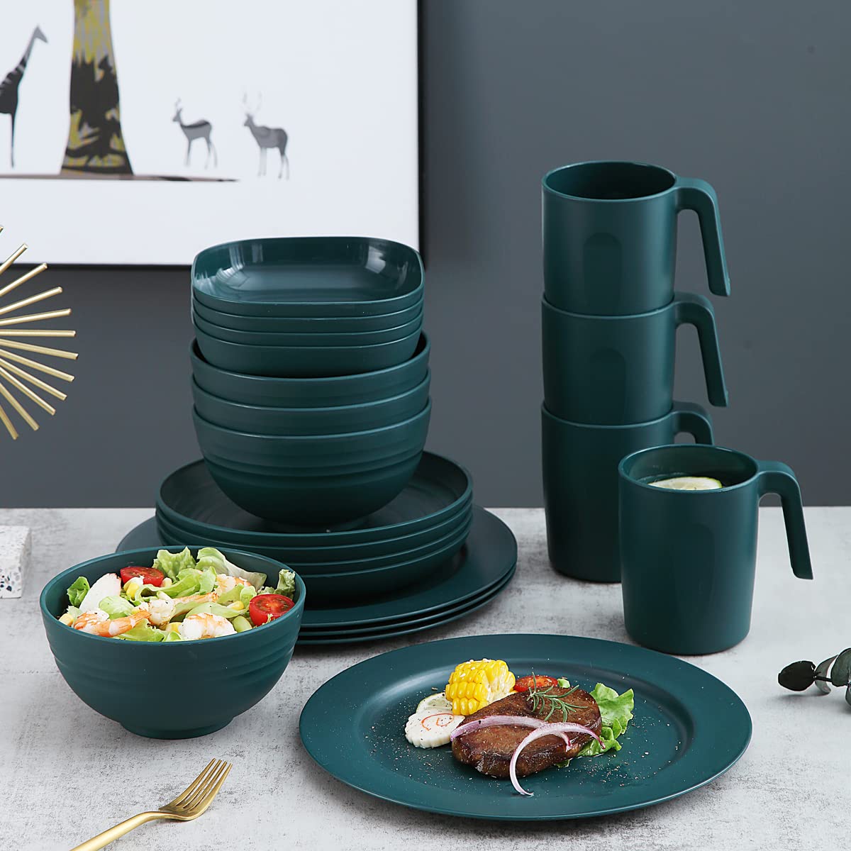 Kyraton 20-Piece Unbreakable Polypropylene Dinnerware Set - Durable Dark Green Plates, Bowls & Cups - Microwave & Dishwasher Safe - Perfect for Outdoor Dining, Camping & Everyday Use
