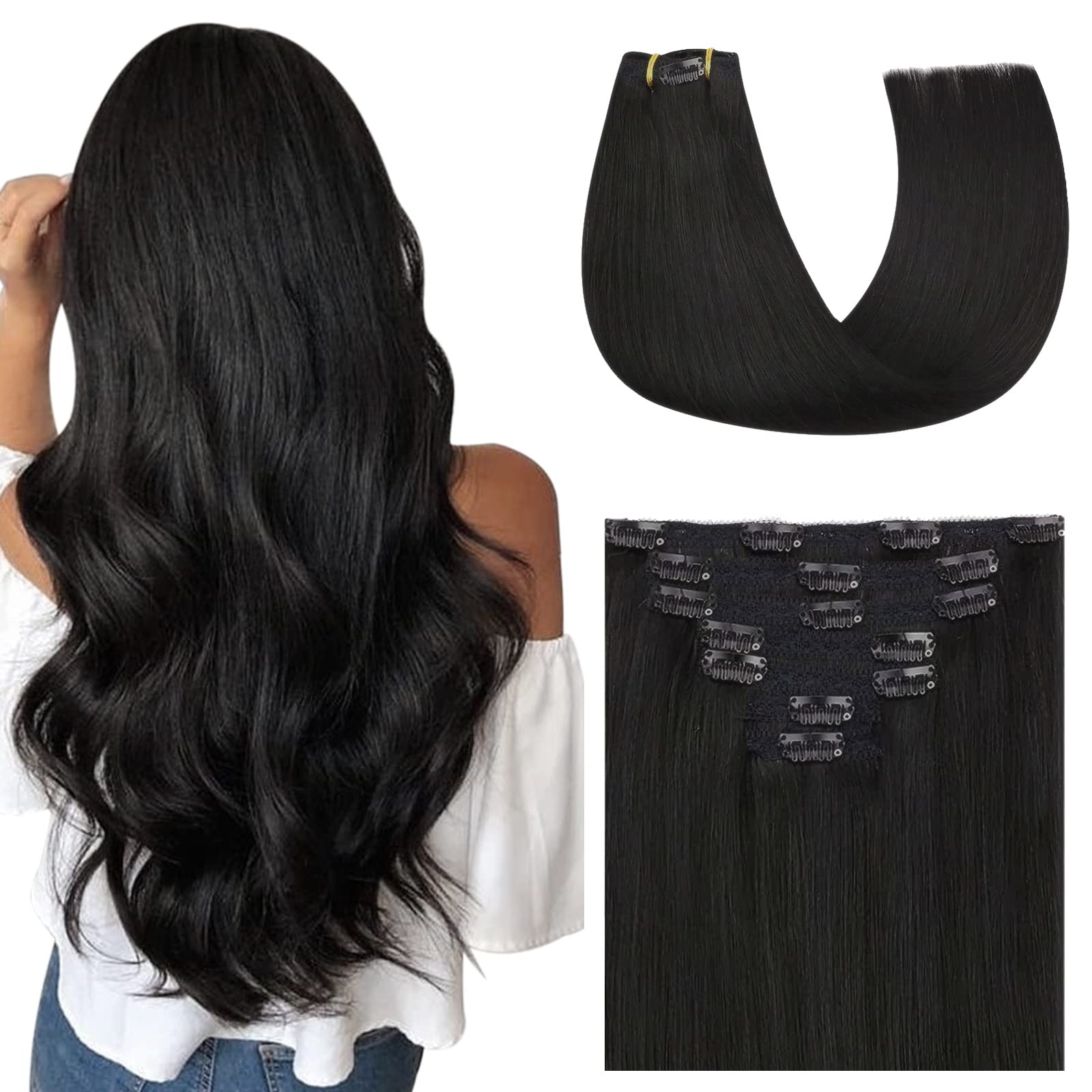 Natural Black Human Hair Clip-In Extensions - 16 Inch Straight Double Weft (7pcs/120g) | Perfect for Daily Styling, Parties & Special Occasions