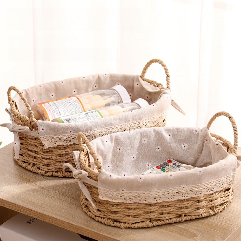 GIB Wicker Storage Baskets Set of 2 - Natural Paper Rope Woven Organizing Bins with Handles & Liners for Shelves | Decorative Small Woven Baskets for Home, Bathroom & Kitchen Organization | Perfect for Storage, Serving & Display