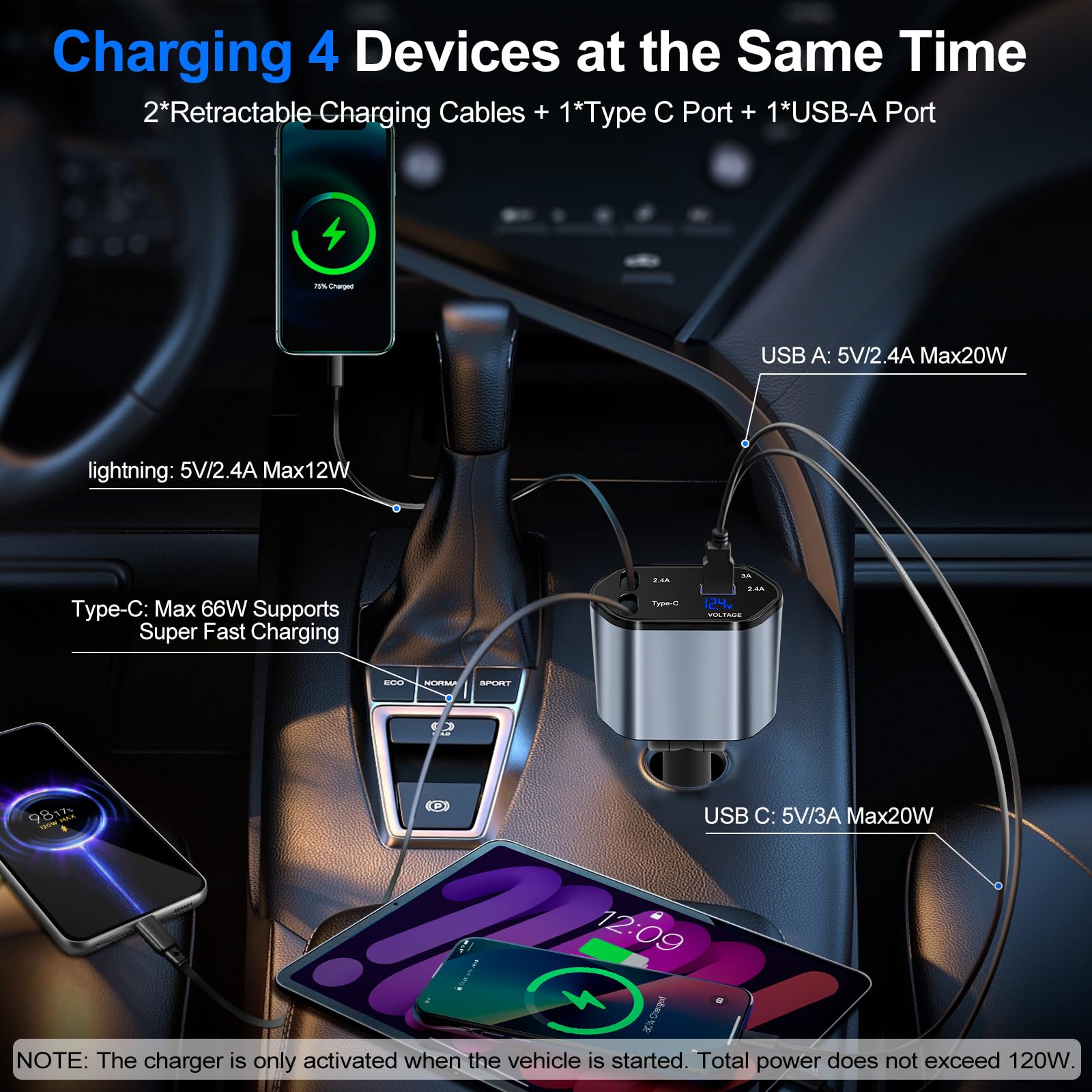 Lostrain Retractable Car Charger - Fast 4-in-1 USB C Car Phone Charger with 2 Retractable Cables (Type C & Lightning) & 2 USB Ports - Compatible with iPhone 15/14/13, Samsung Galaxy S23/S22, Google Pixel, iPad - Perfect for Road Trips, Commuting & Travel Charging