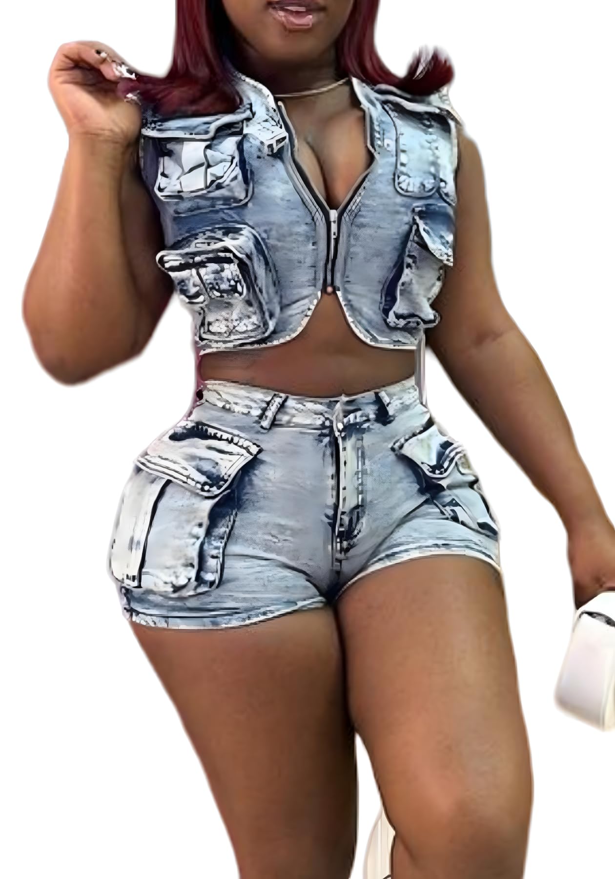 LAJIOJIO Women's 2-Piece Cargo Denim Set - Sexy Stretchy Vest & High Waisted Jean Shorts Outfit with Pockets | Casual Summer Outfit, Streetwear Fashion, Beach Party