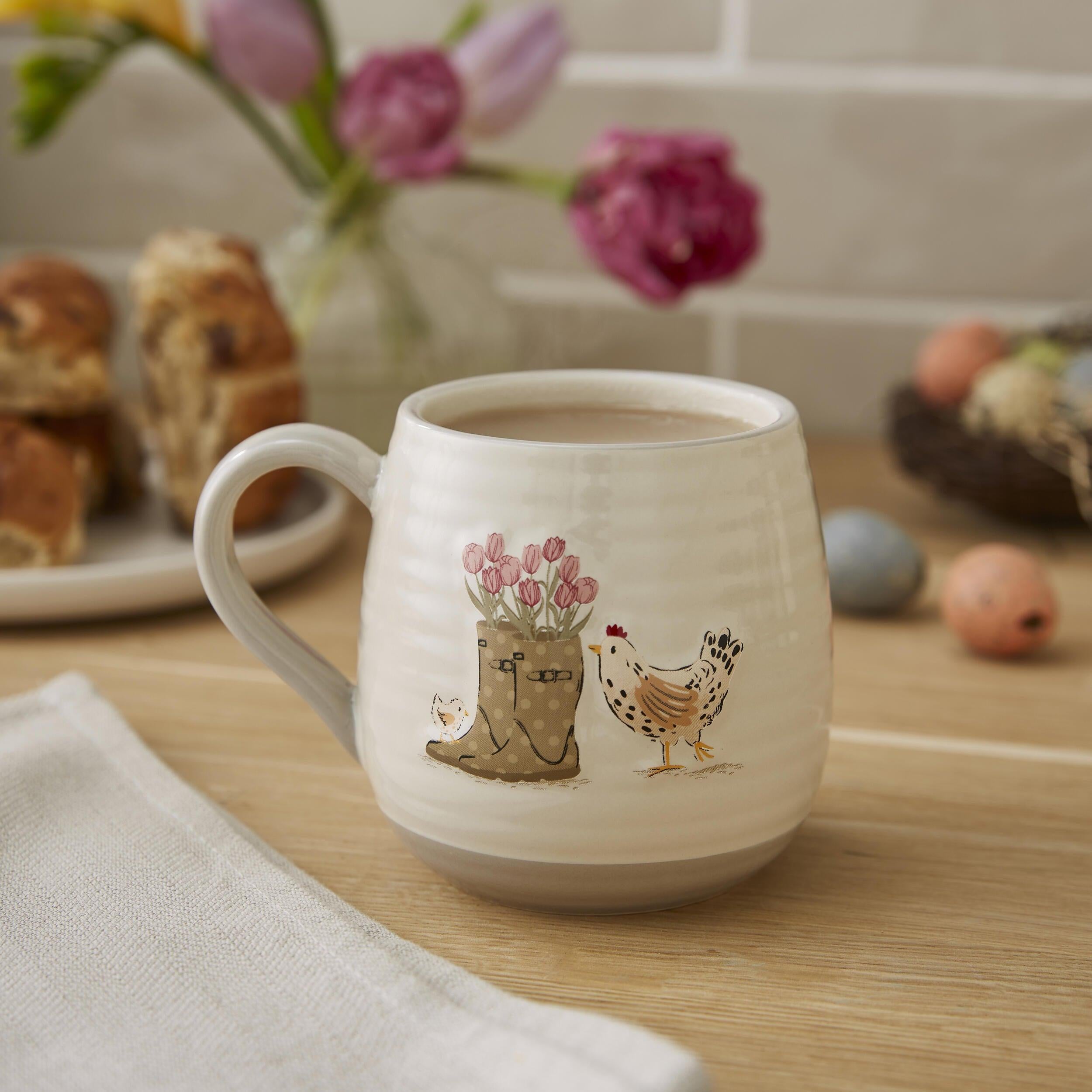 Hen House Lane Belly Mug - Farmhouse Style Ceramic Coffee Cup with Wellies & Hens Design - Perfect for Farmhouse Decor, Country Kitchen, or Gift for Chicken Lovers