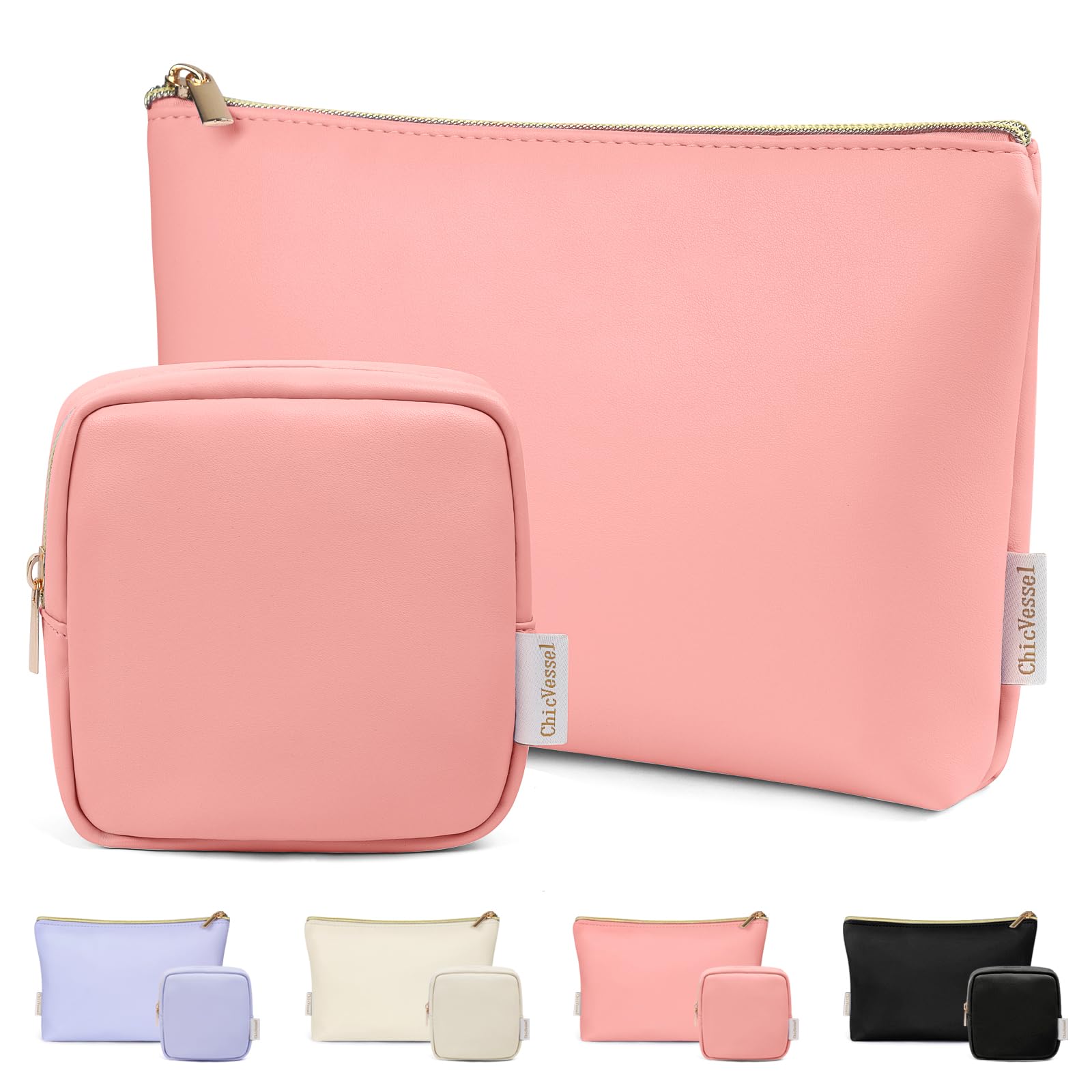 2 Pcs Travel Makeup Bag Set - PU Leather Cosmetic Pouch, Portable Small Makeup Organizer for Purse (Pink) | Perfect for Travel, Gym & Daily Essentials Storage