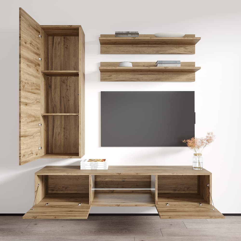 Modern Oak Wall-Mounted TV Stand with Storage Shelves & LED Lights - Floating Entertainment Center for Living Room & Bedroom - Space-Saving H1 33TV Console - Perfect for Small Apartments, Home Theaters, and Modern Interior Design