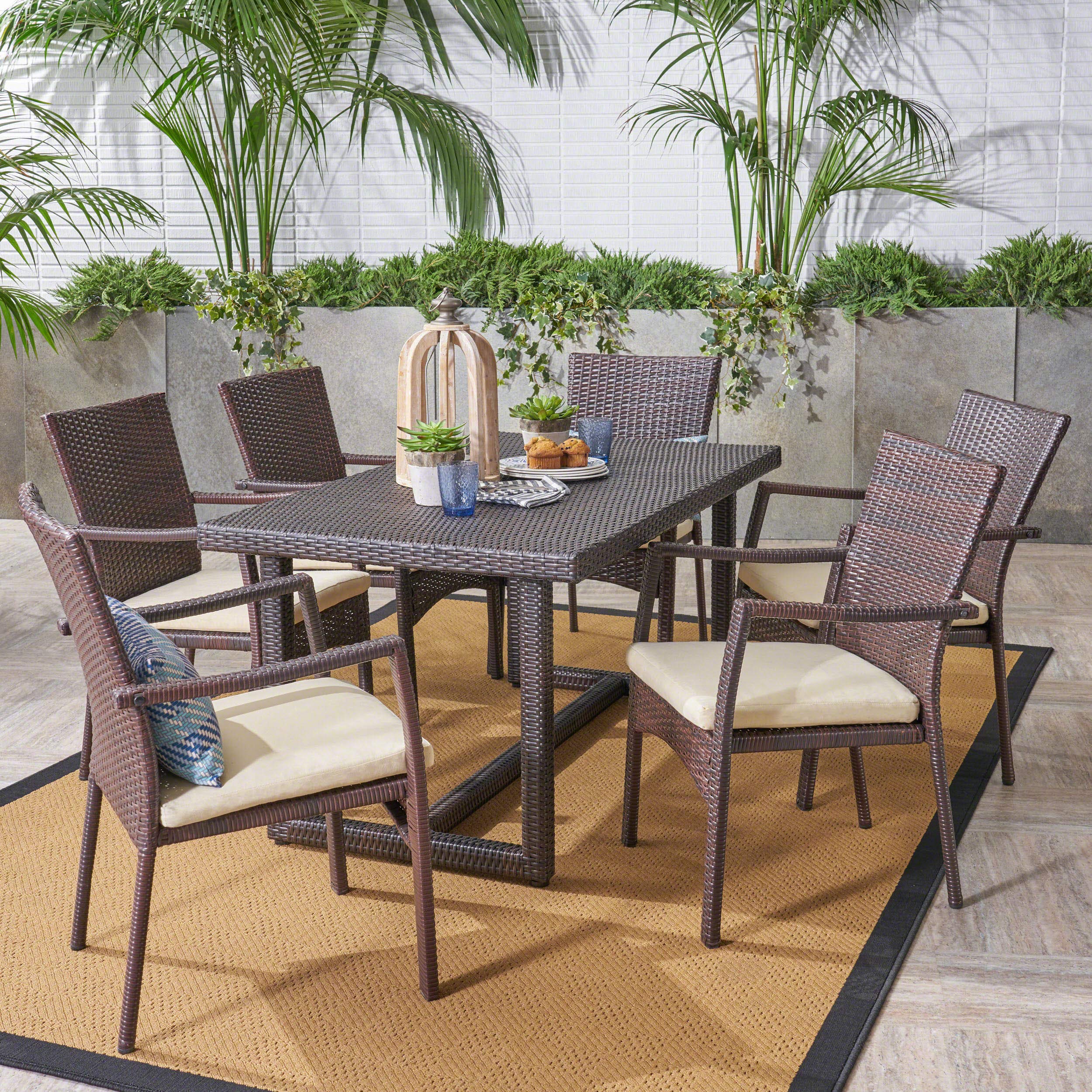 Christopher Knight Home Able Outdoor 7-Piece Wicker Dining Set - Multibrown with Crème Cushions - Perfect for Patio, Garden & Backyard Entertaining