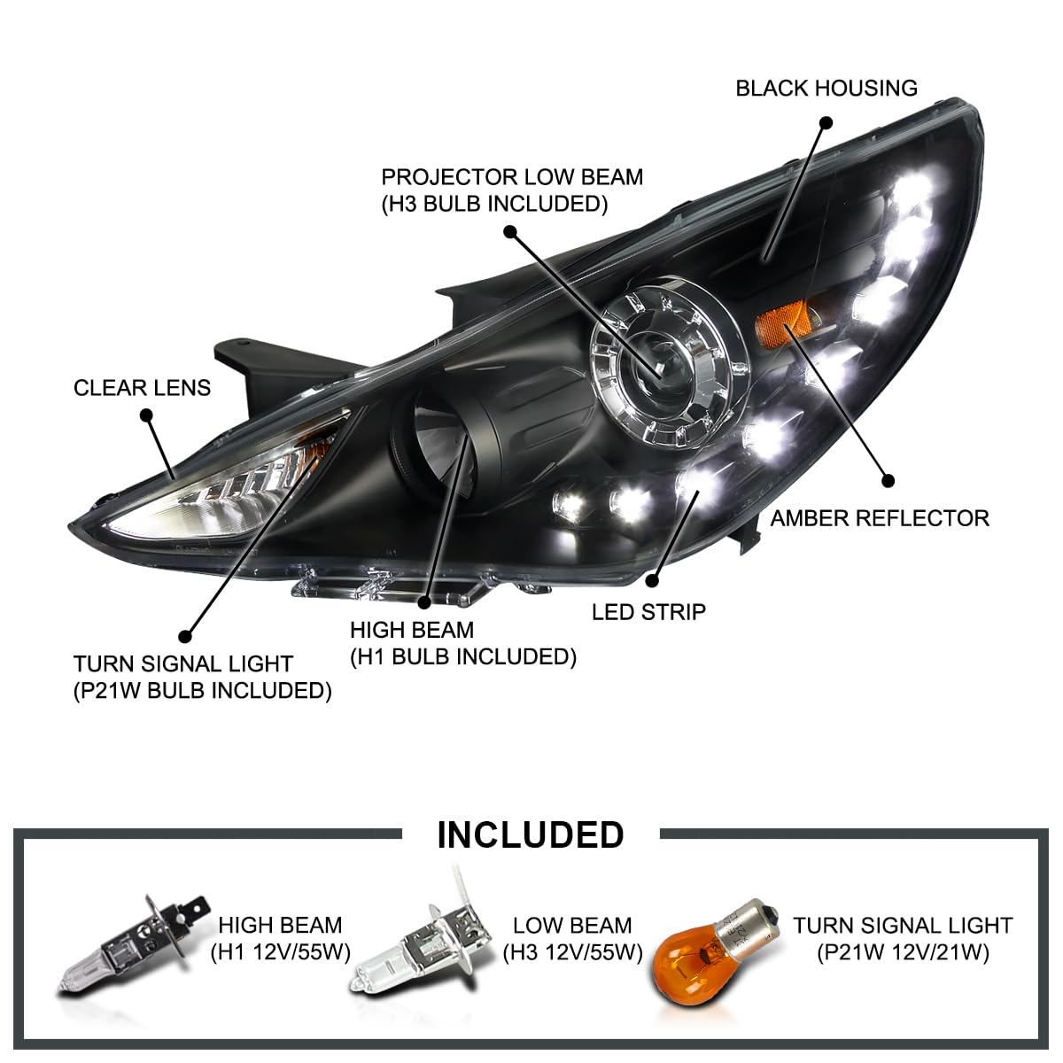 Spec-D Tuning SMD LED Black Projector Headlights - Compatible with 2011-2014 Hyundai Sonata - Left & Right Pair Headlamp Assembly - Upgrade for Night Driving & Enhanced Visibility
