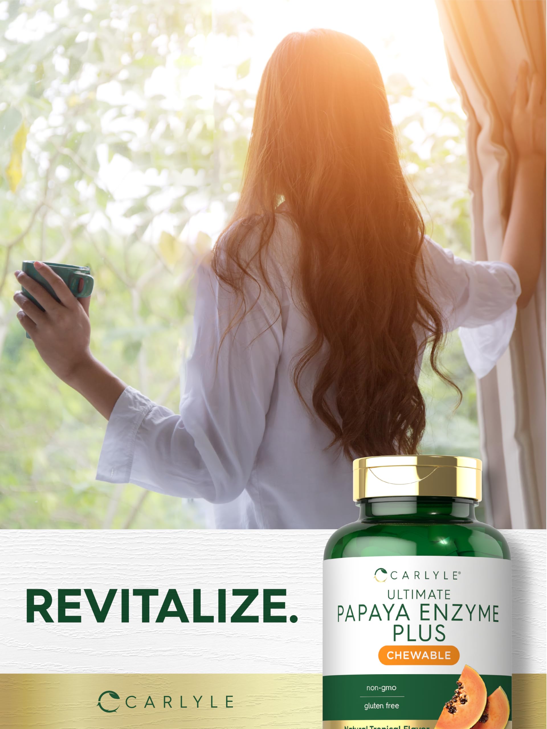 Carlyle Papaya Enzyme Chewable Tablets 60 Count | Vegetarian, Non-GMO, Gluten Free Digestive Support | Tropical Fruit Flavor for Heartburn Relief & Bloating - Perfect for After Meals & Travel