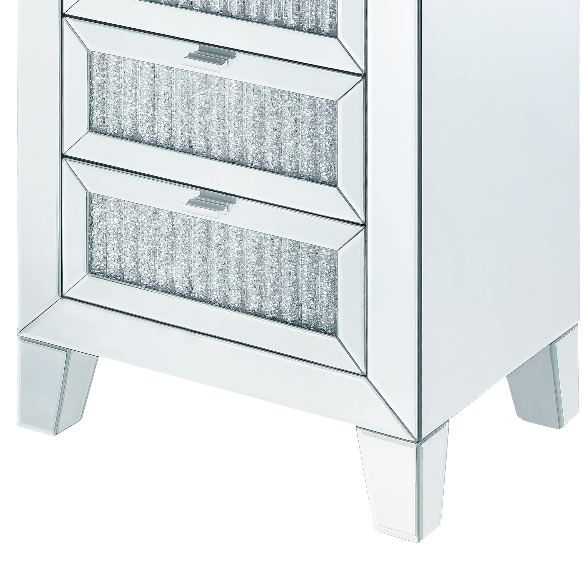 Benjara Modern Wooden Mirrored Nightstand with 3 Drawers in Silver Finish - Perfect for Bedroom, Guest Room, or Vanity Dressing Table