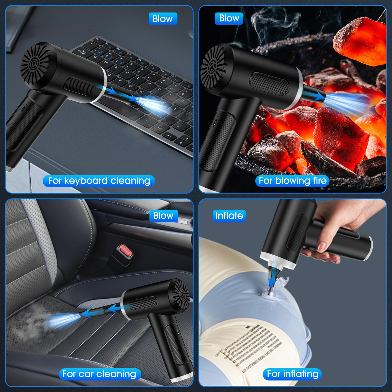 Rechargeable Electric Air Duster - 100,000 RPM High-Speed Compressed Air Blower for Computers, Keyboards & Electronics | 3-Speed Adjustable, LED Light, 8-Piece Cleaning Kit | Perfect for PC Maintenance, Dusting Electronics & Car Detailing