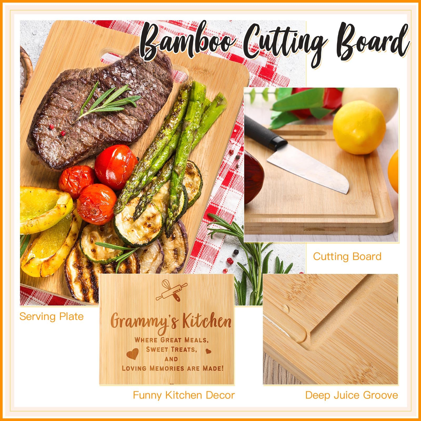 Gerrii 8-Piece Grammy Gift Set - Kitchen Towels, Dish Towels, Bamboo Cooking Spoons & Cutting Board - Perfect for Housewarming, Kitchen Decor & Grammy-Themed Gifts
