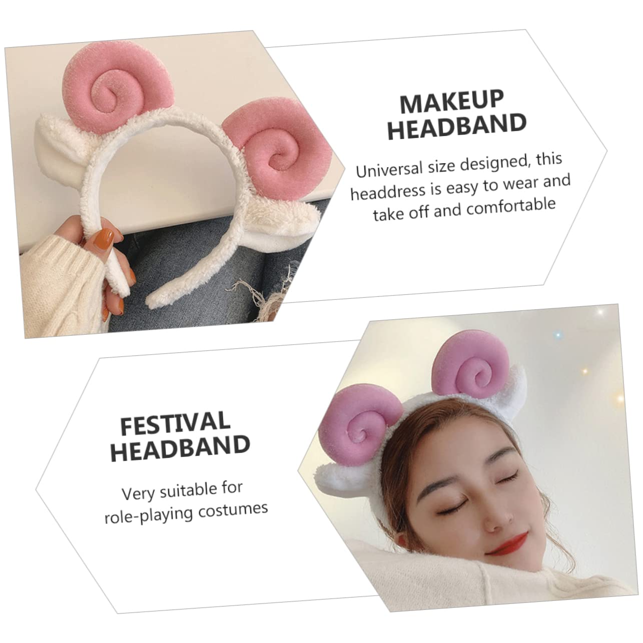 4 Pcs Croissant Headband Hair Bands for Women - Soft Sheep Ears & Alpaca Horns Hair Accessories - Cute Pink Animal Headbands for Dress Up, Cosplay & Themed Parties