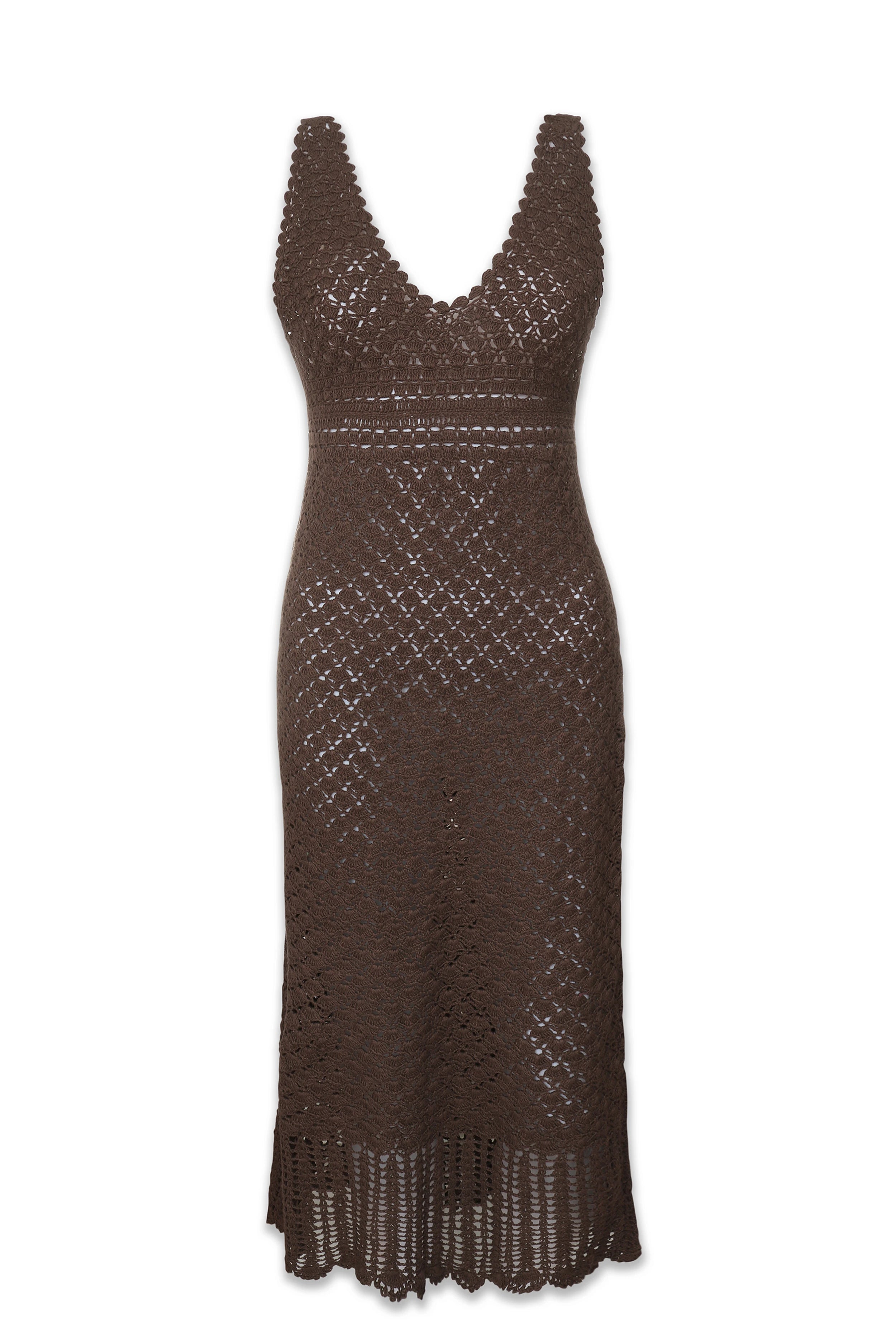 Claudia Crochet Midi Dress in Chocolate Brown - Elegant Boho Summer Dress for Beach, Wedding & Vacation
