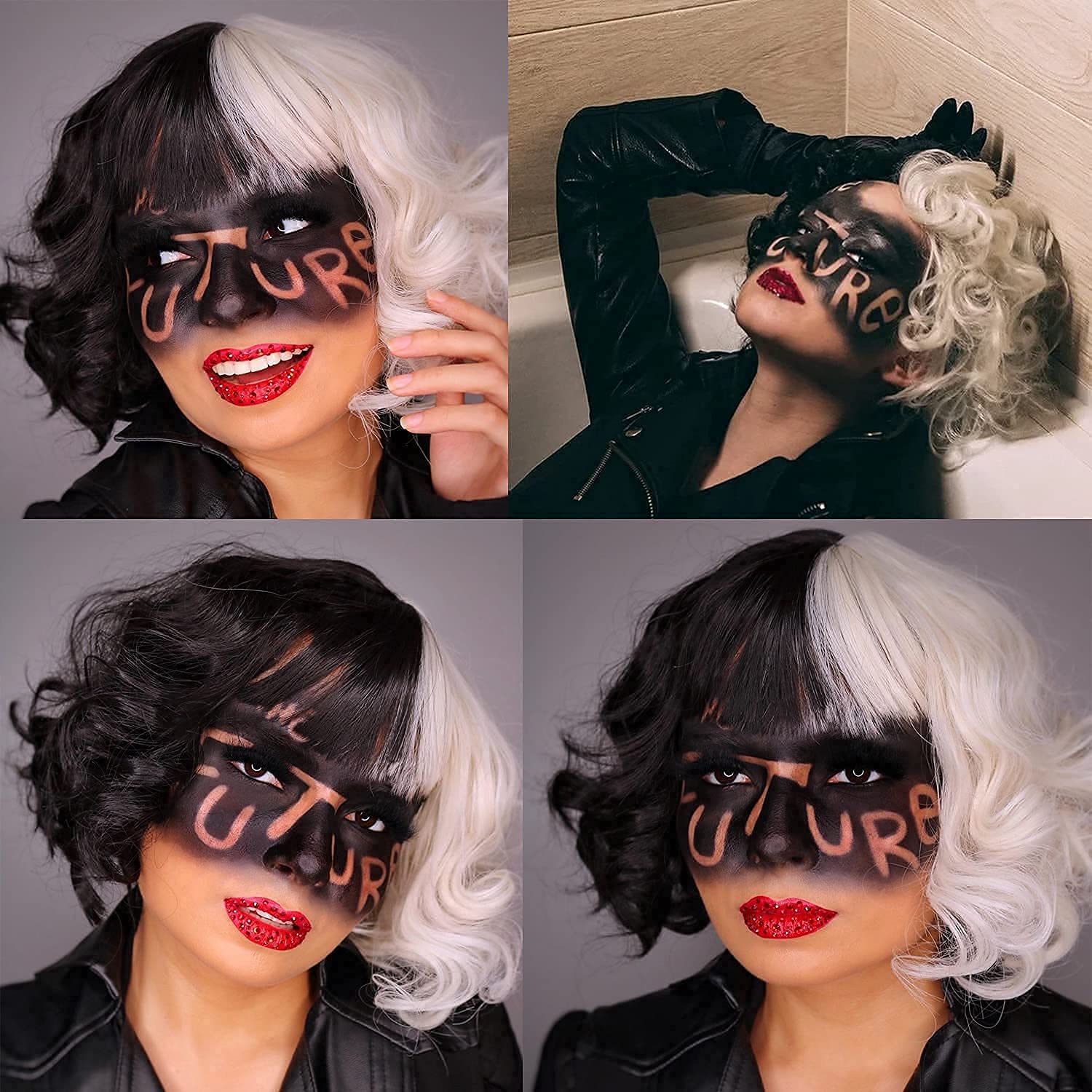 Cruella De Vil Costume Wig Set for Women - Short Black & White Cosplay Wig with Gloves, Wig Cap, Mask, Holder & Necklace | Perfect for Halloween, Carnival, Cosplay Parties & Fancy Dress Costumes