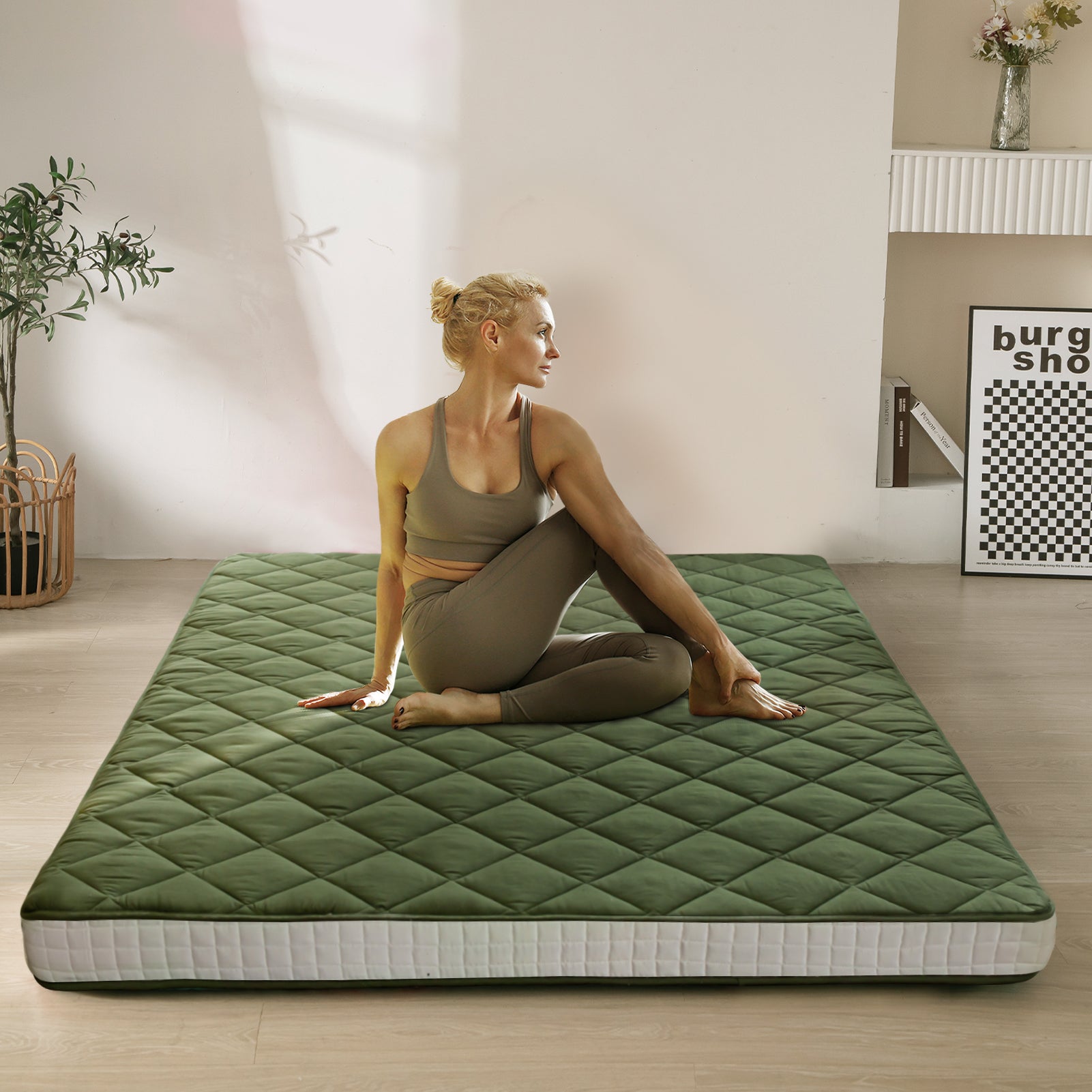 MAXYOYO 6-Inch Extra Thick Floor Futon Mattress with Diamond Quilting - Green - Comfortable Guest Bed, Floor Cushion for Living Room, Dorm, or Camping