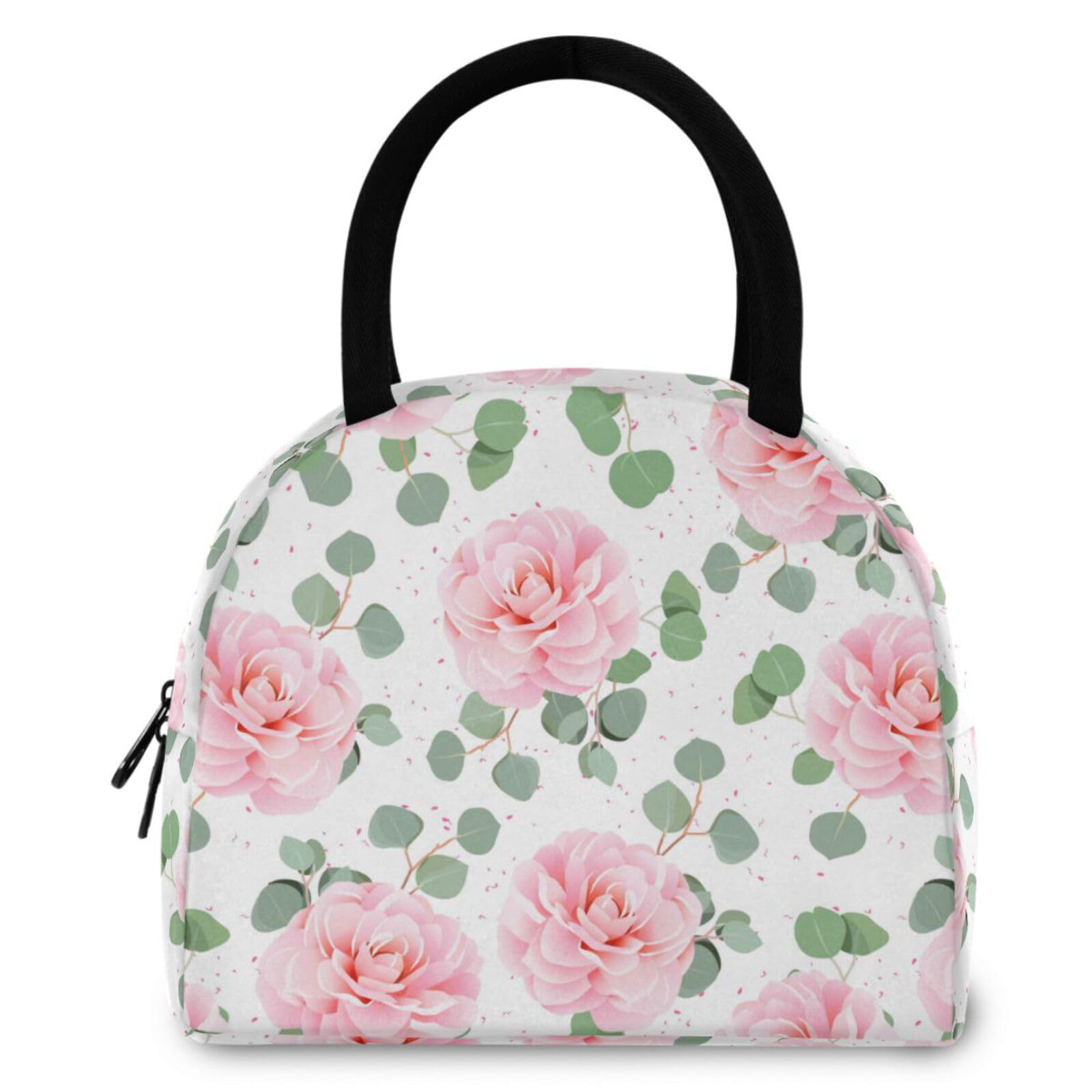 ZZKKO Insulated Lunch Bag - Pink Camellia Pattern, Reusable Meal Prep Cooler with Zipper for Women & Men - Perfect for School, Office, Picnics & Outdoor Activities