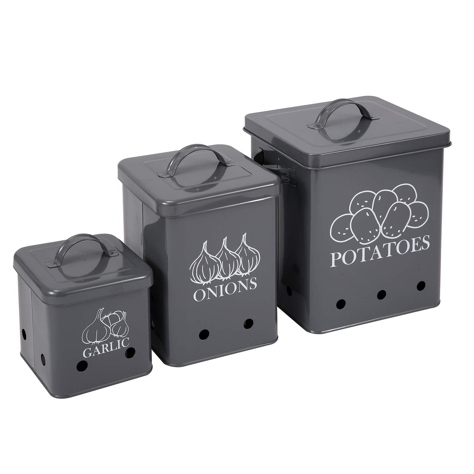 3-Pack Airtight Potato Onion Storage Containers with Ventilation Holes - Kitchen Pantry Organizer for Garlic, Vegetables & Dry Food Storage - Durable Gray Canisters for Freshness & Long Shelf Life - Perfect for Meal Prep & Pantry Organization