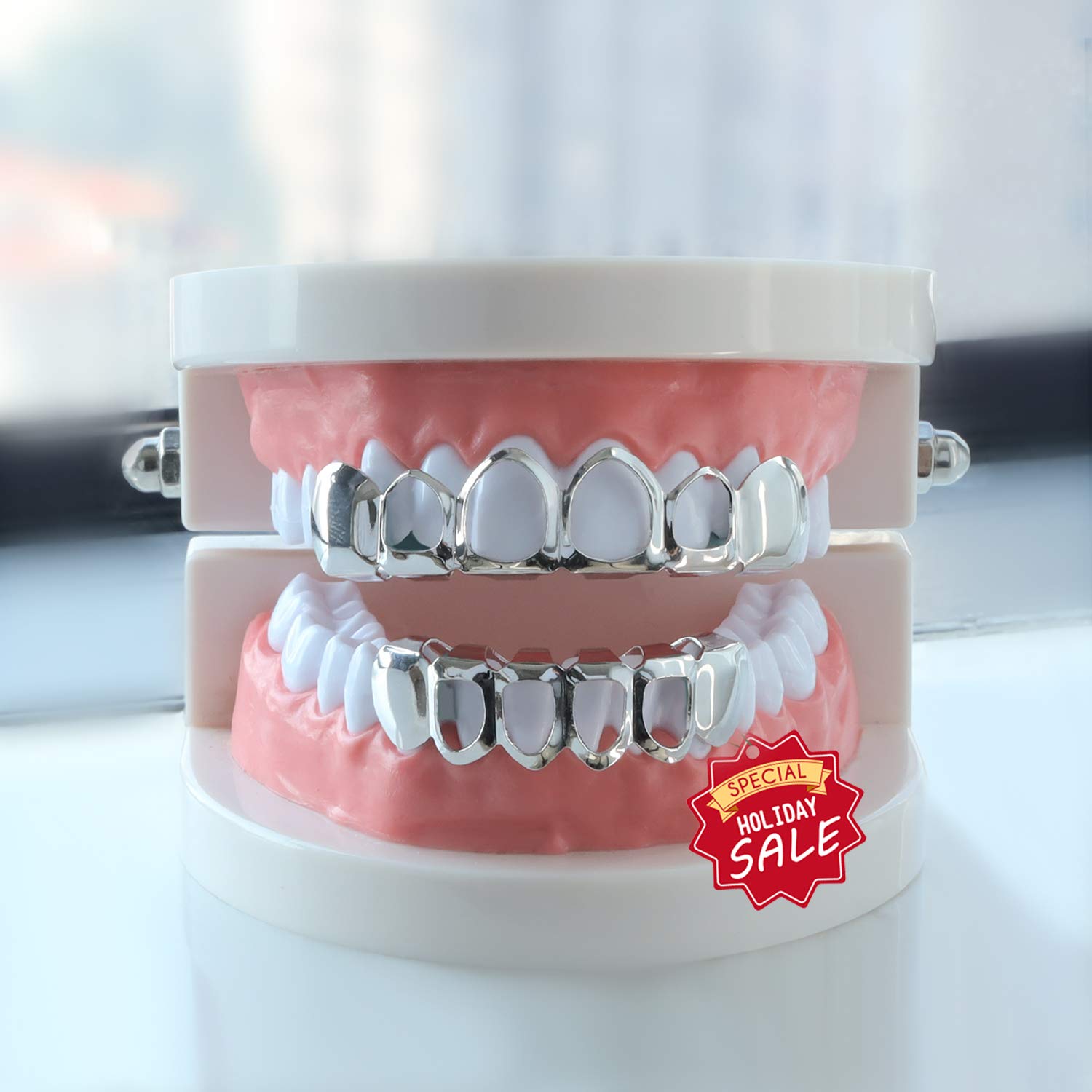 24K Gold Plated Open Face Grillz Teeth - Custom Fit Top & Bottom Grill Set for Kids with Extra Molding Bars & Microfiber Cloth | Hip Hop Jewelry, Costume Accessories, Halloween & Party Outfits