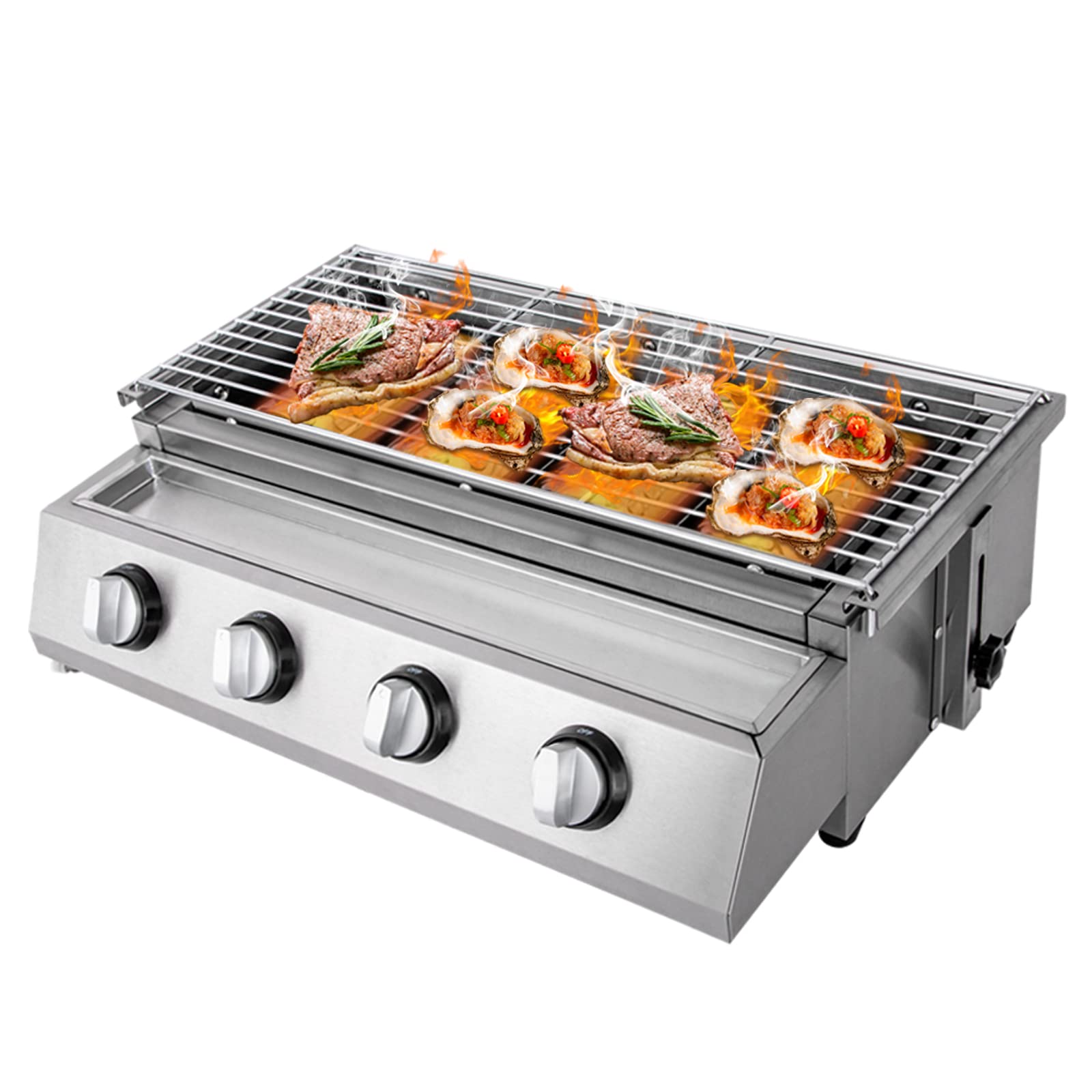 4-Burner Commercial Gas Grill - Smokeless Indoor & Outdoor BBQ Griddle, Portable Nonstick LPG Gas Yakitori Grill with Removable Grill Net - Perfect for Restaurants, Backyard Parties, Camping & Picnics