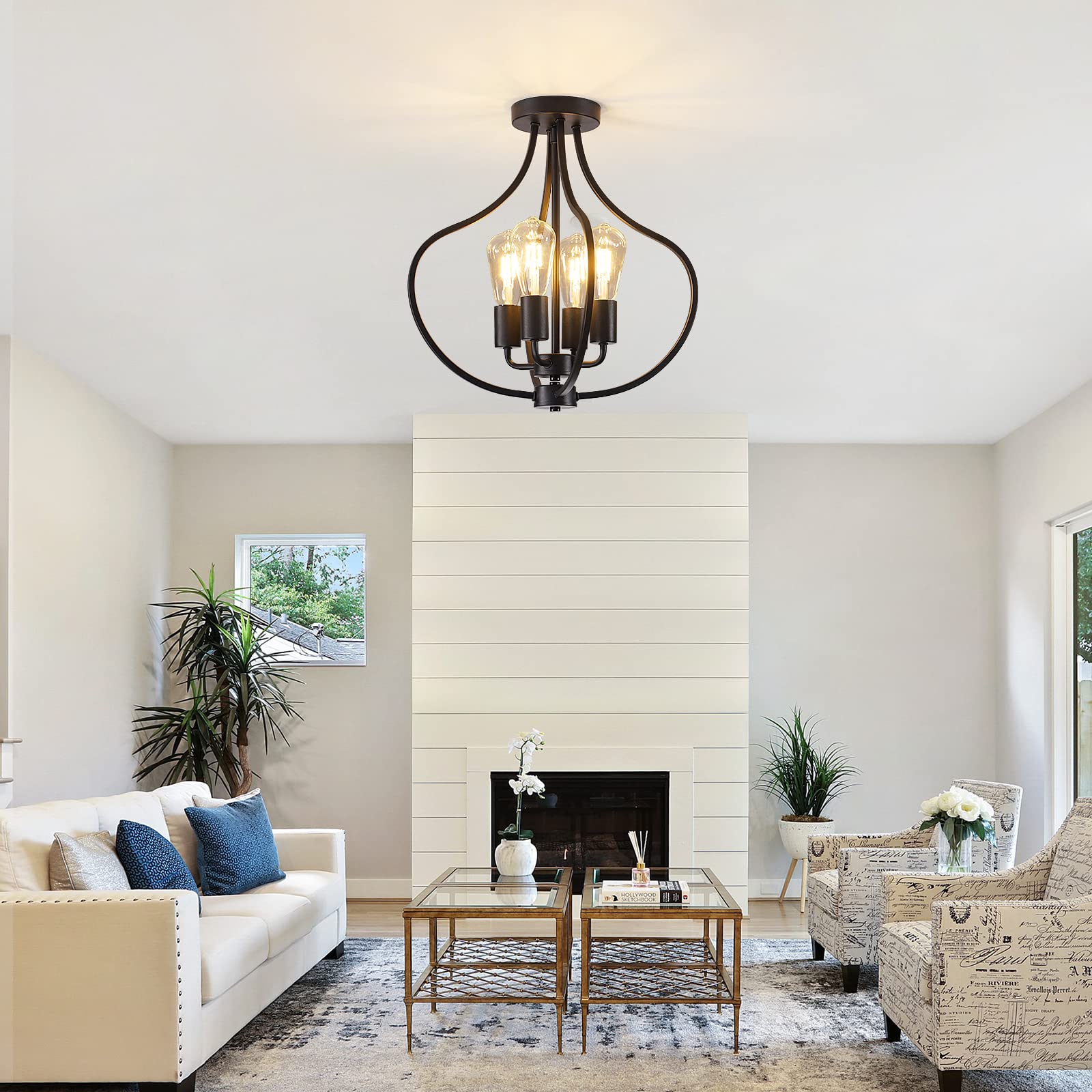 4-Light Modern Semi Flush Mount Ceiling Fixture - Farmhouse Black Chandelier with Industrial Style - Perfect for Kitchen Island, Dining Room, Bedroom, Living Room, Foyer, Entryway & Hallway Lighting - Ideal for Home, Office, Restaurant and Commercial Spaces