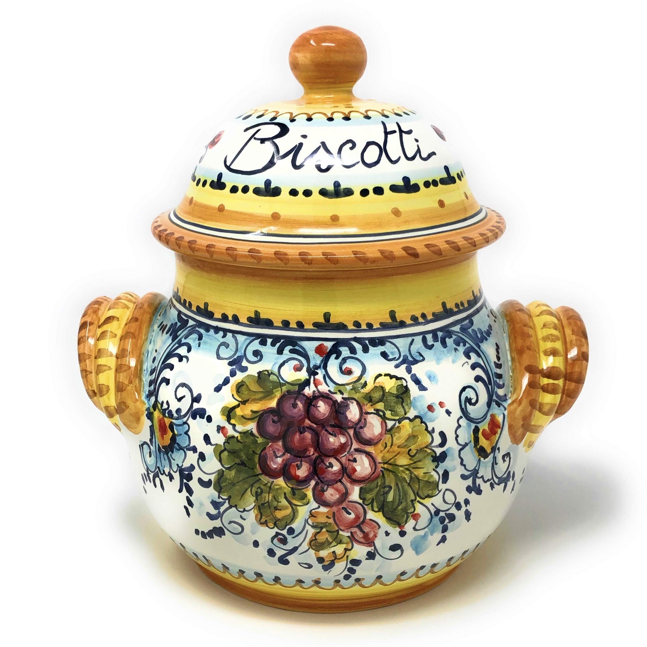 Hand-Painted Italian Ceramic Cookies Jar - Tuscan Pottery Biscotti Container with Grape Design, Made in Italy | Perfect for Kitchen Storage & Tuscan Home Decor