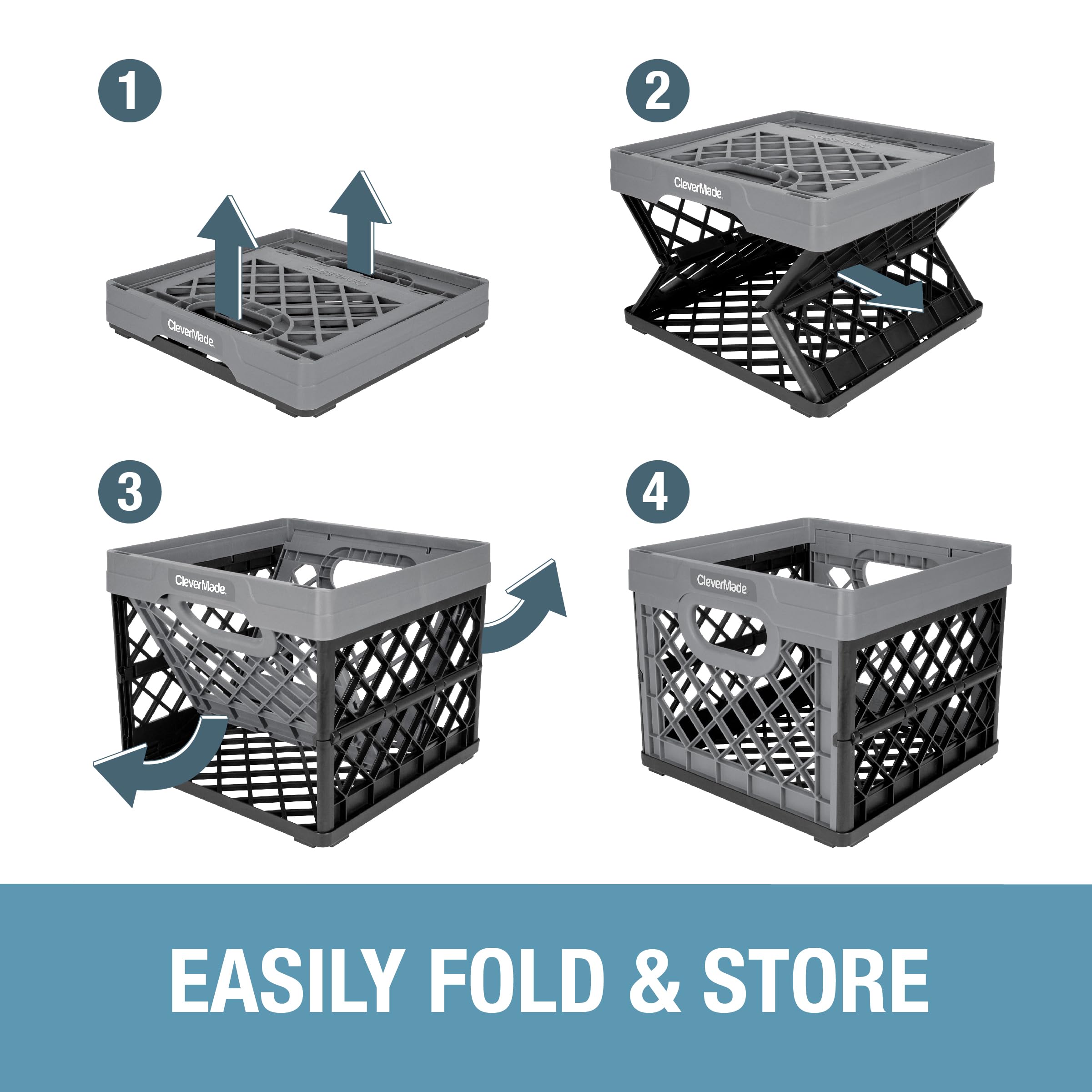 CleverMade Collapsible Milk Crate - Heavy Duty 25L (6 Gal) Stackable Storage Bins, 3-Pack in Stone Color - Holds 50lbs Each, Multi-Purpose Plastic Crates for Home, Garage, Office & Outdoor Organization