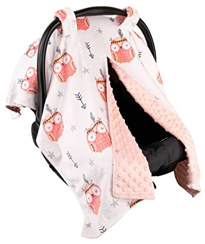Top Tots Deluxe Minky Baby Car Seat Cover - Soft Owl & Arrow Design, 40 x 29 Inch Peach - Perfect for Infant Car Seats, Strollers & Shopping Carts