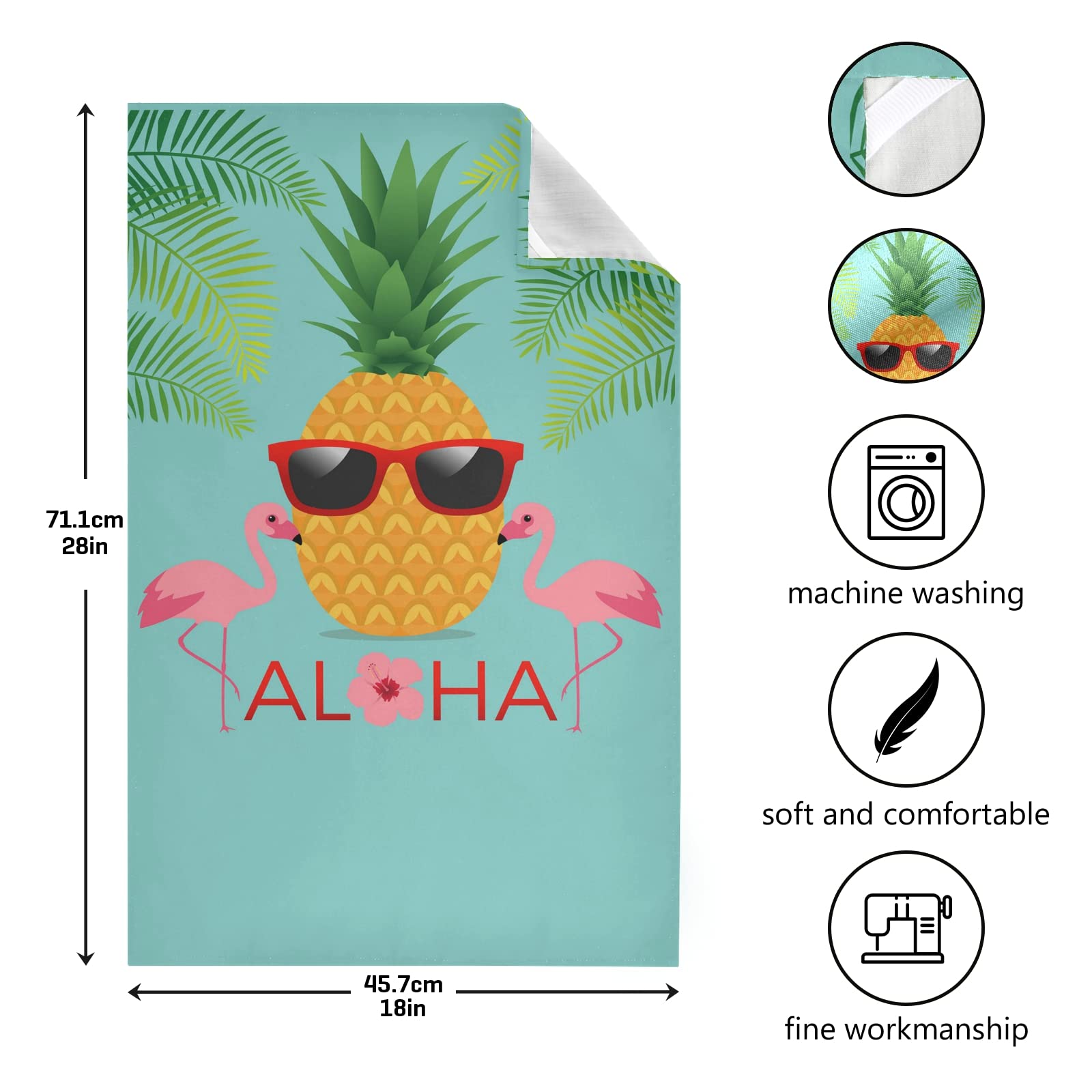 Aloha Two Pink Flamingos Green Palm Leaf Pineapple Set of 4 Polyester Kitchen Dish Towels - Hemmed Napkins, Waffle Dishcloths & Hand Bar Tea Towels with Hanging Loop for Hawaiian Themed Parties, Tropical Kitchen Decor & Summer Entertaining