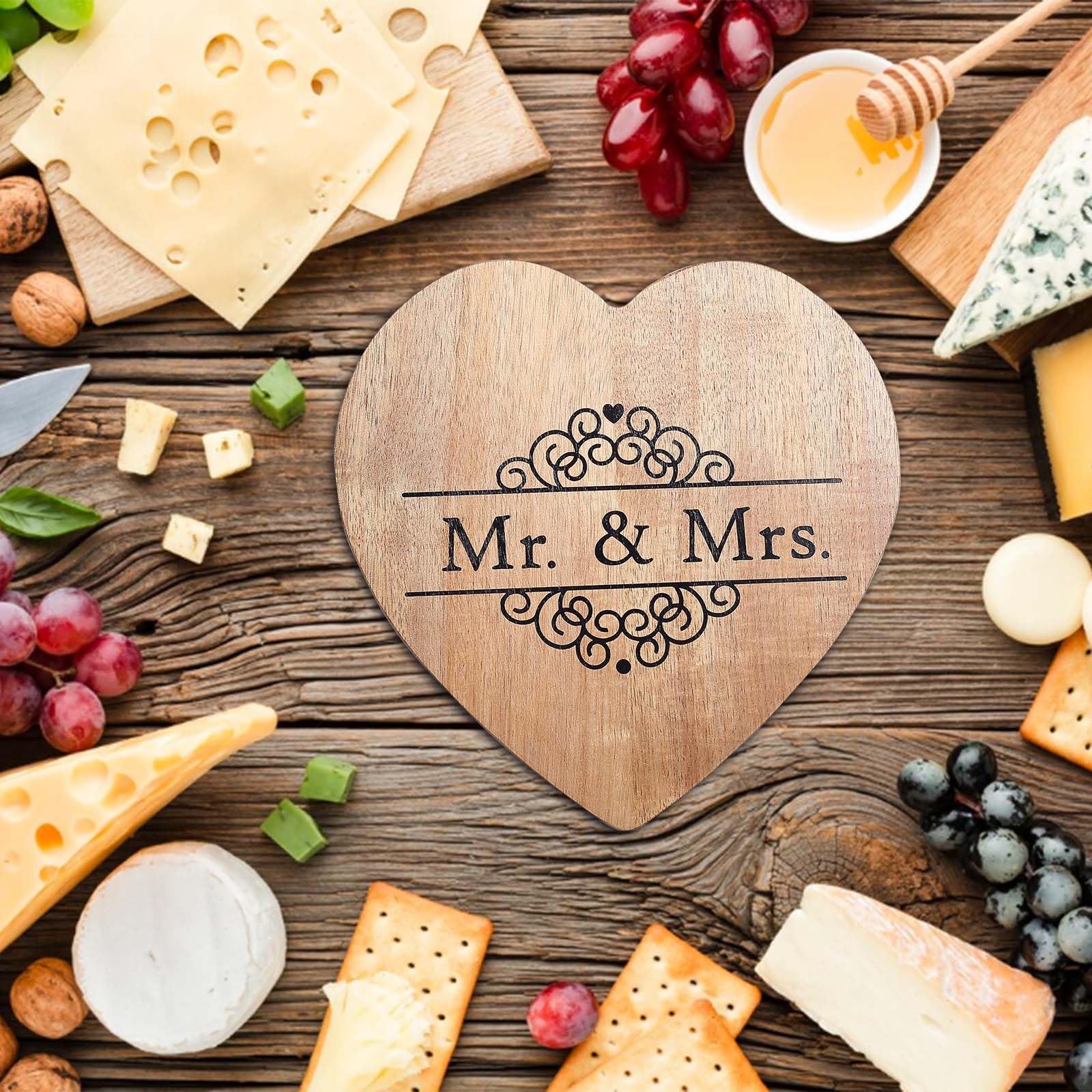 Premium Wooden Cheese Board Set with 3 Stainless Steel Knives - Charcuterie Serving Tray for Entertaining - Perfect Gift for Christmas, Wedding, Thanksgiving (Mr & Mrs) - Ideal for Wine Parties, Cheese Tastings & Charcuterie Displays