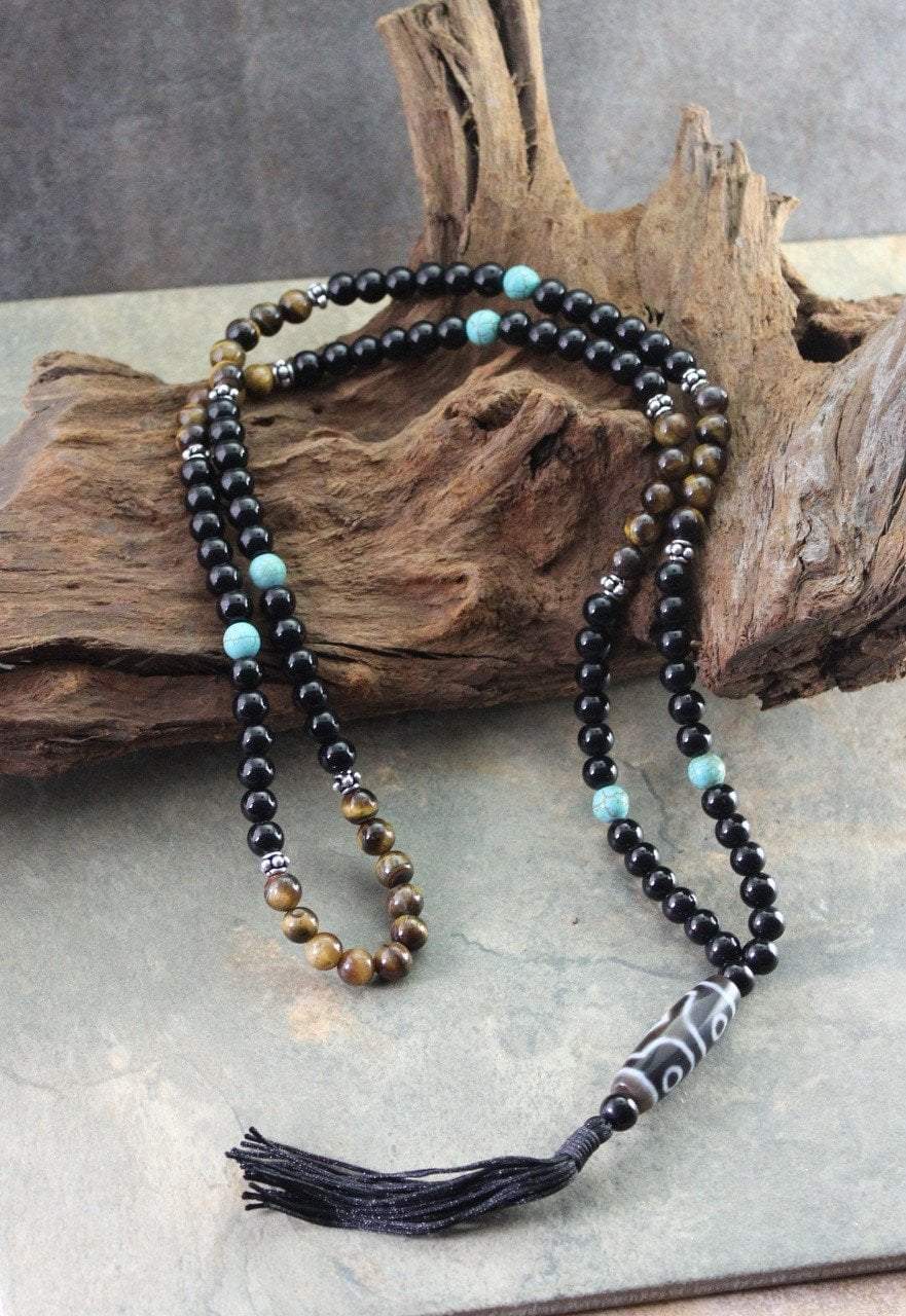 3 Eye Dzi Beads Necklace with Tiger Eye and Turquoise - Tibetan Buddhist Protection Amulet for Meditation, Spiritual Healing & Positive Energy