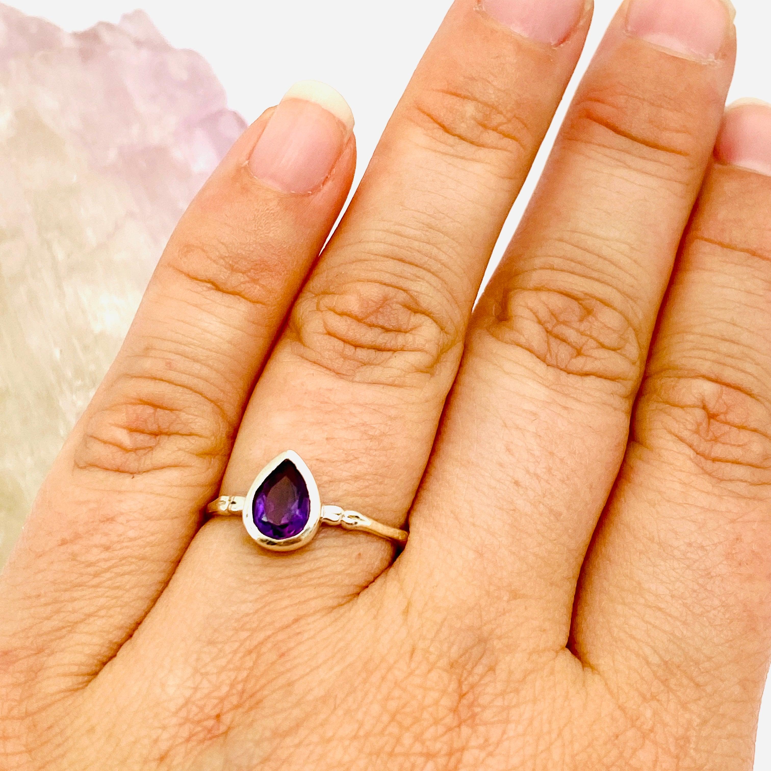 Amethyst Faceted Teardrop Fine Band Ring - Elegant Purple Gemstone Jewelry for Women - Perfect for Weddings, Anniversaries & Special Occasions