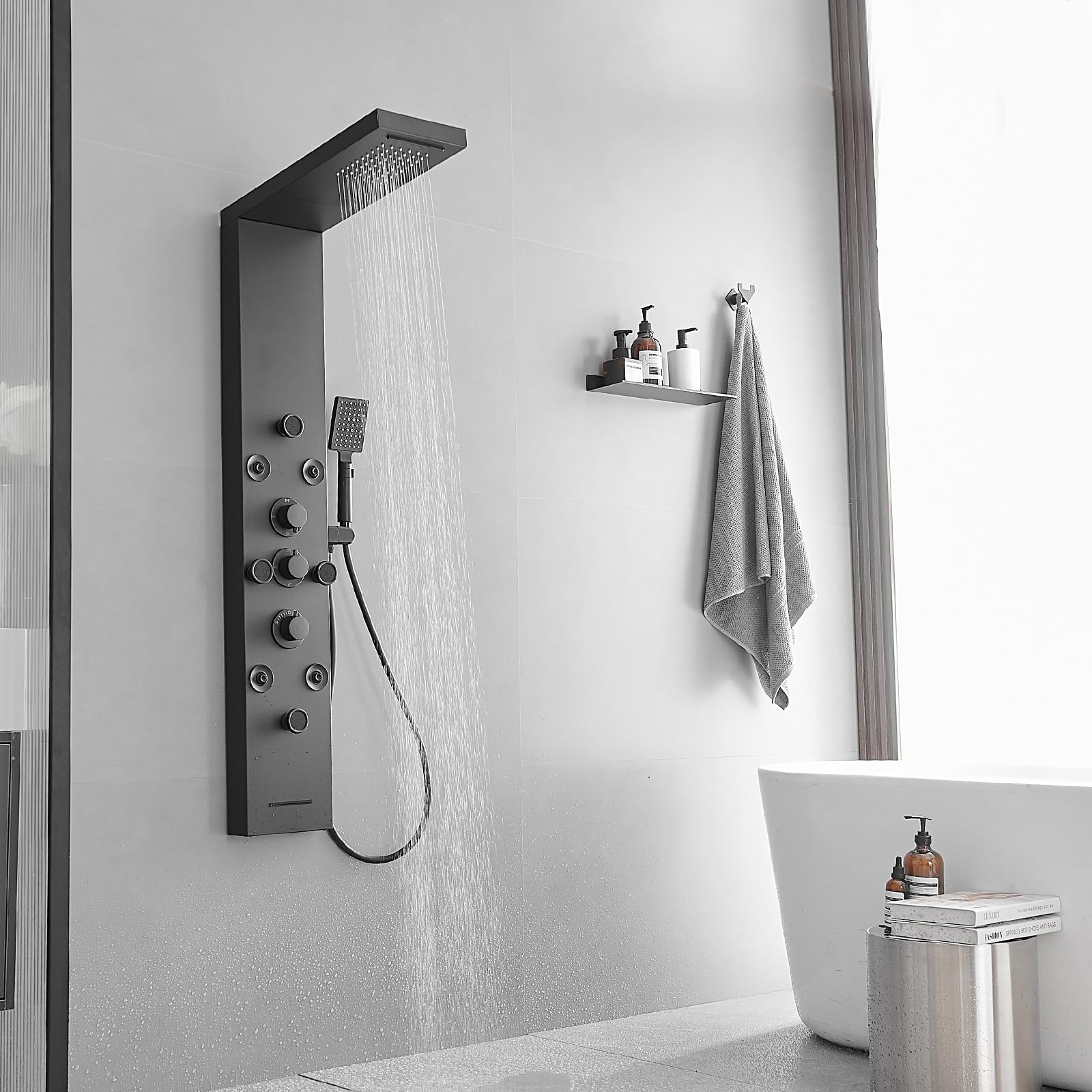 6-in-1 Stainless Steel Shower Panel System with Rainfall Showerhead, Body Jets & Handheld Spray - Black Wall Mount Shower Tower for Spa-Like Relaxation - Perfect for Master Bathrooms & Luxury Home Renovations