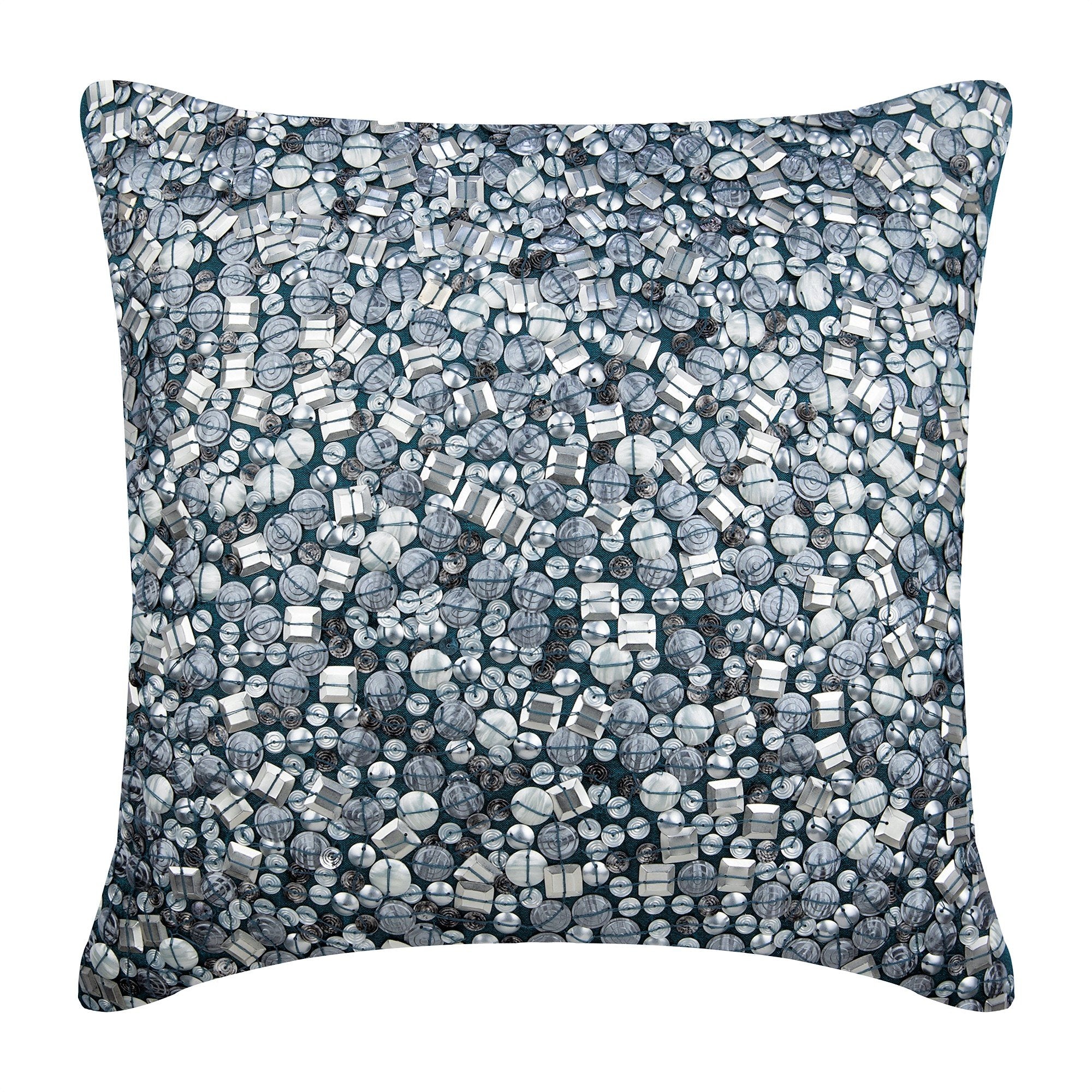 Antique Silver Teal Blue Art Silk Decorative Euro Sham Pillow Cover - Vintage Home Decor for Bedroom, Living Room & Guest Room