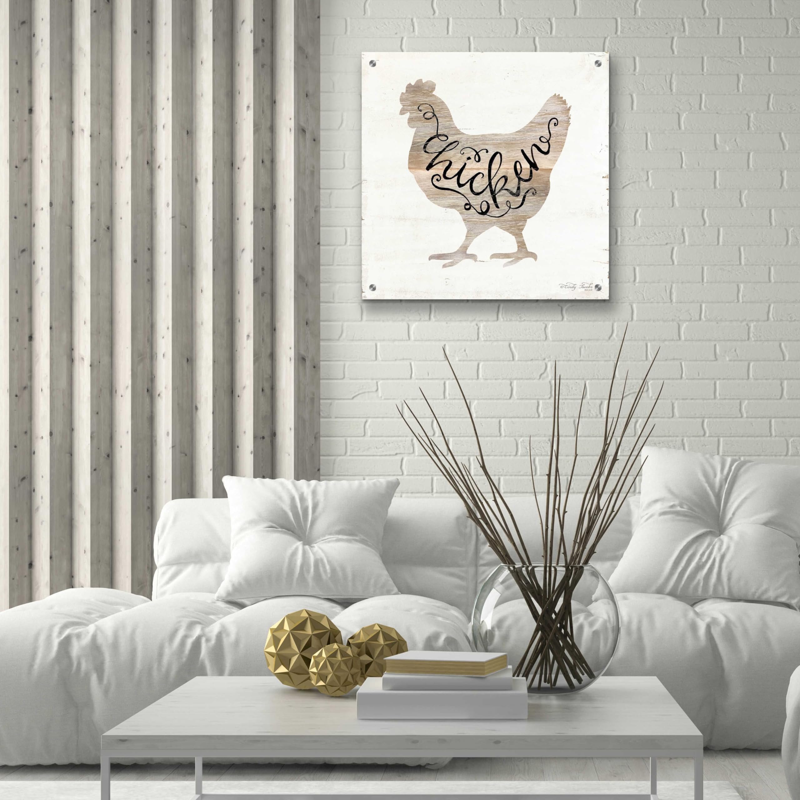 Epic Art 'Chicken in Beige' by Cindy Jacobs - 24x24 Inch Acrylic Glass Wall Painting - Modern Home Decor for Living Room, Bedroom & Office
